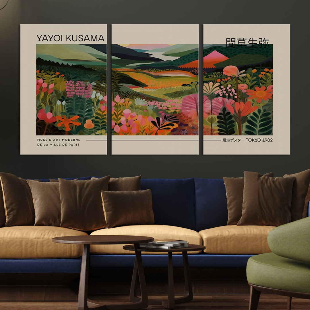 A Yayoi Kusama Landscape Canvas Print brightens the wall with vibrant floral and mountain art.