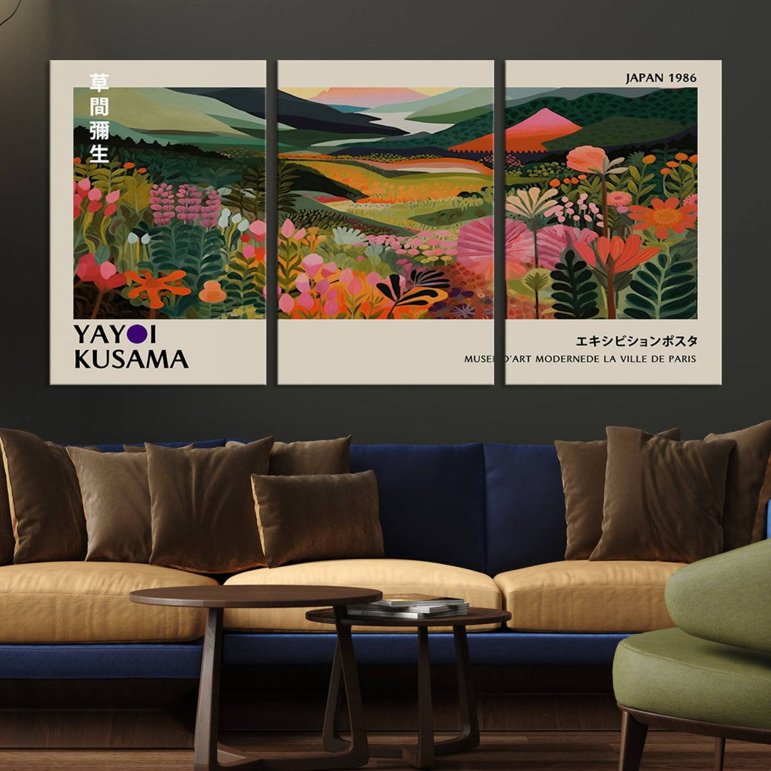 Yayoi Kusamas Landscape Canvas Print with vibrant floral mountain art adorns the wall.