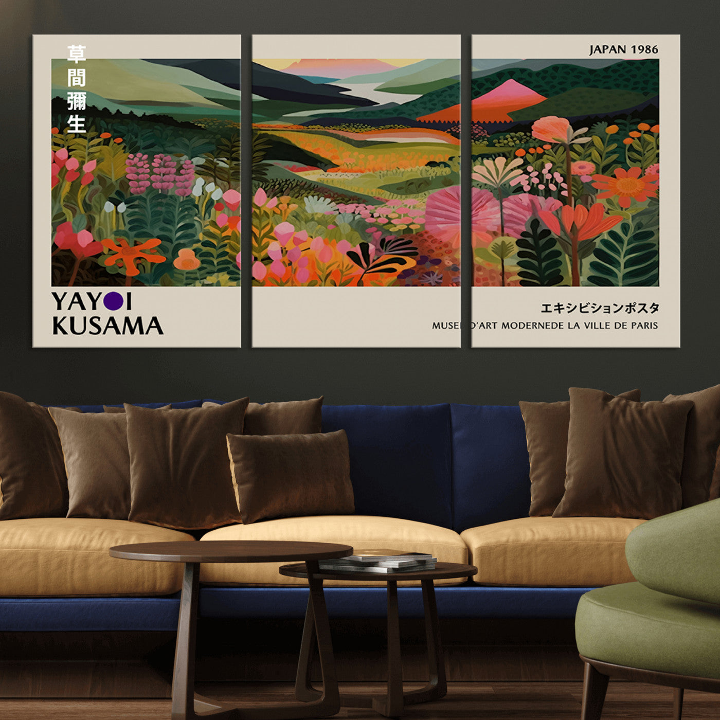 MGV-CV-60X30-3P - Yayoi Kusama Abstract Print, Vibrant Floral Mountain Art Print, Botanical Flower Nature Decor,