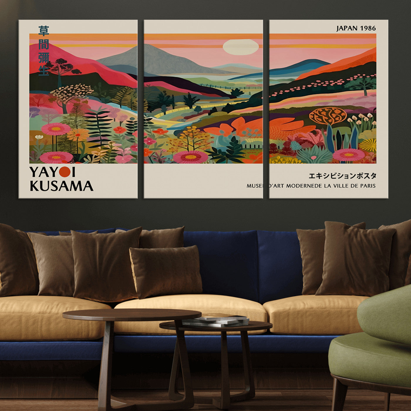 MGV-CV-60X30-3P - Yayoi Kusama Landscape Canvas Print, Vibrant Floral Mountain Art Print, Botanical Flower Nature