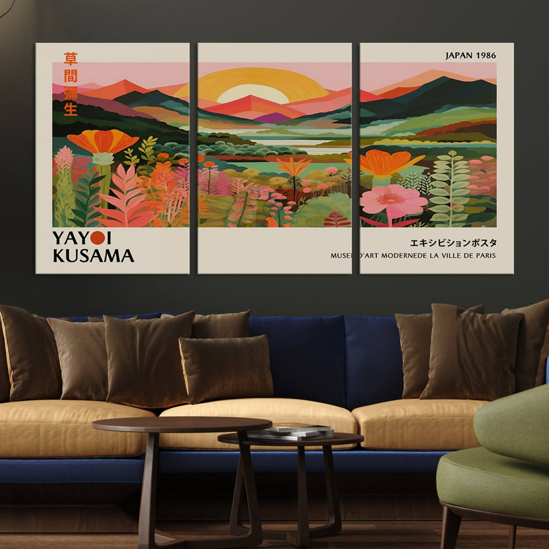 The Yayoi Kusama Landscape Canvas Print, featuring vibrant floral mountains and sunset scenery, enhances the room.