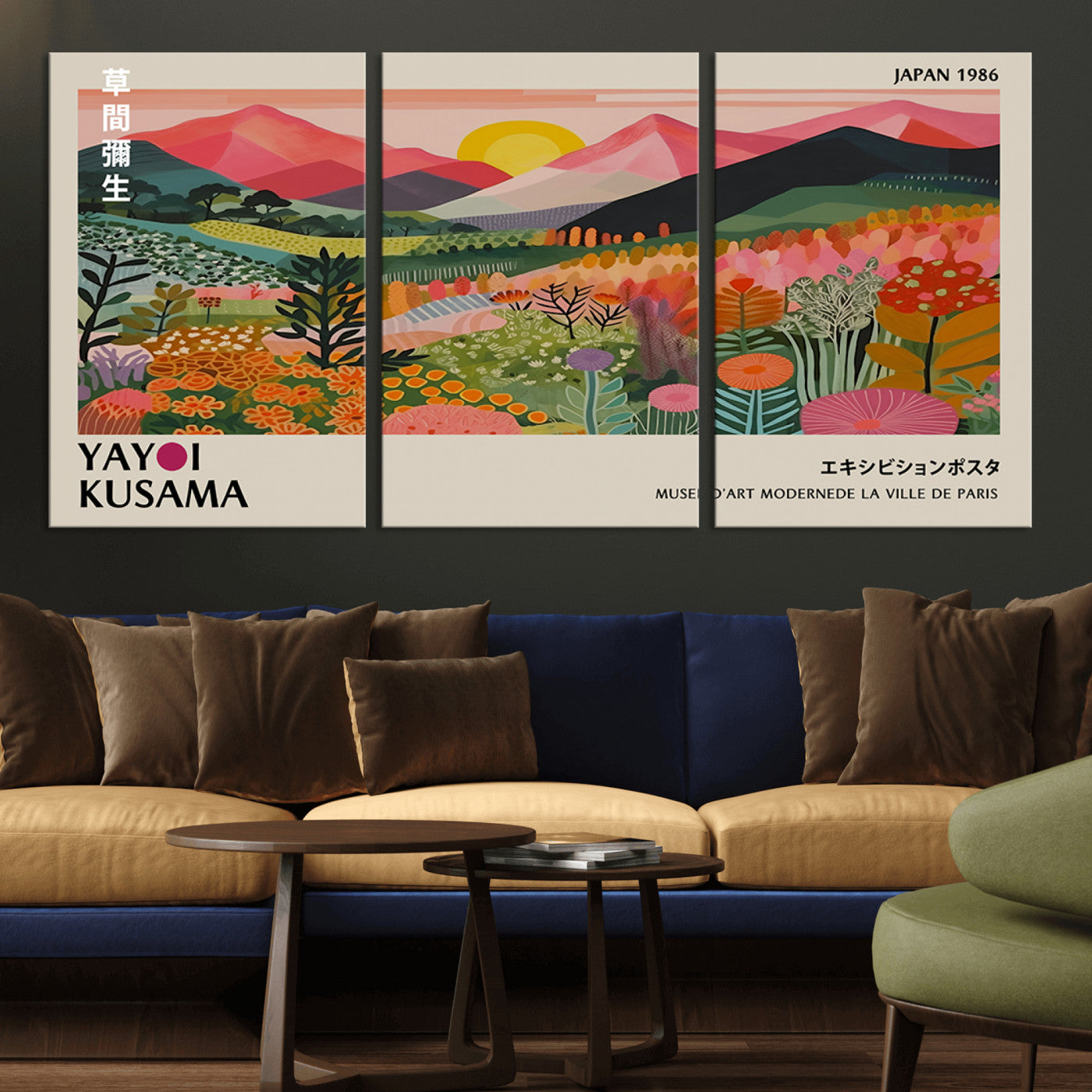 MGV-CV-60X30-3P - Yayoi Kusama Landscape Canvas Print, Vibrant Floral Mountain Art Print, Framed Botanical Wall Art -