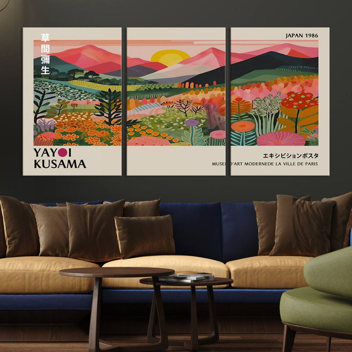 The wall art includes a vintage world map and Yayoi Kusamas colorful landscape.