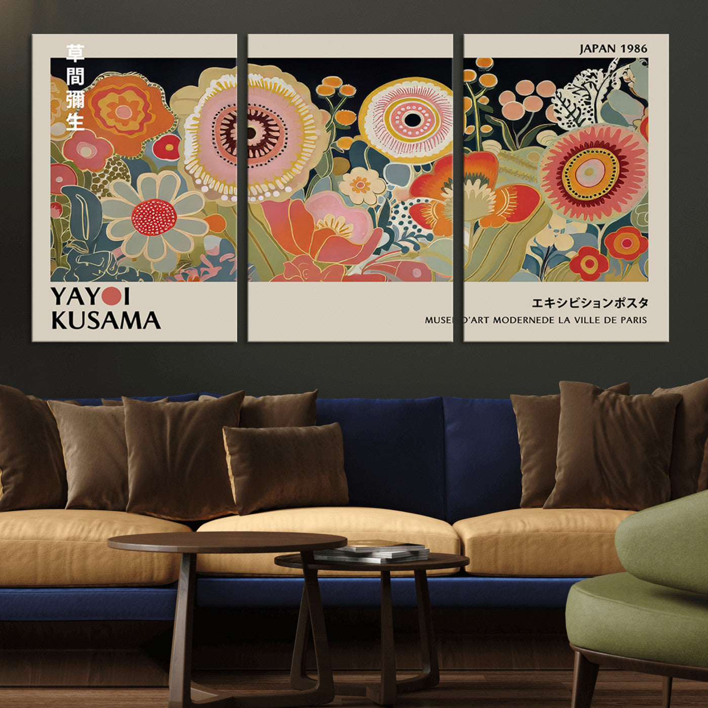 MGV-CV-60X30-3P - Yayoi Kusama Landscape Canvas Print, Vibrant Floral Mountain Art Print, Botanical Flower Nature Decor, Sunset Scenery Artwork