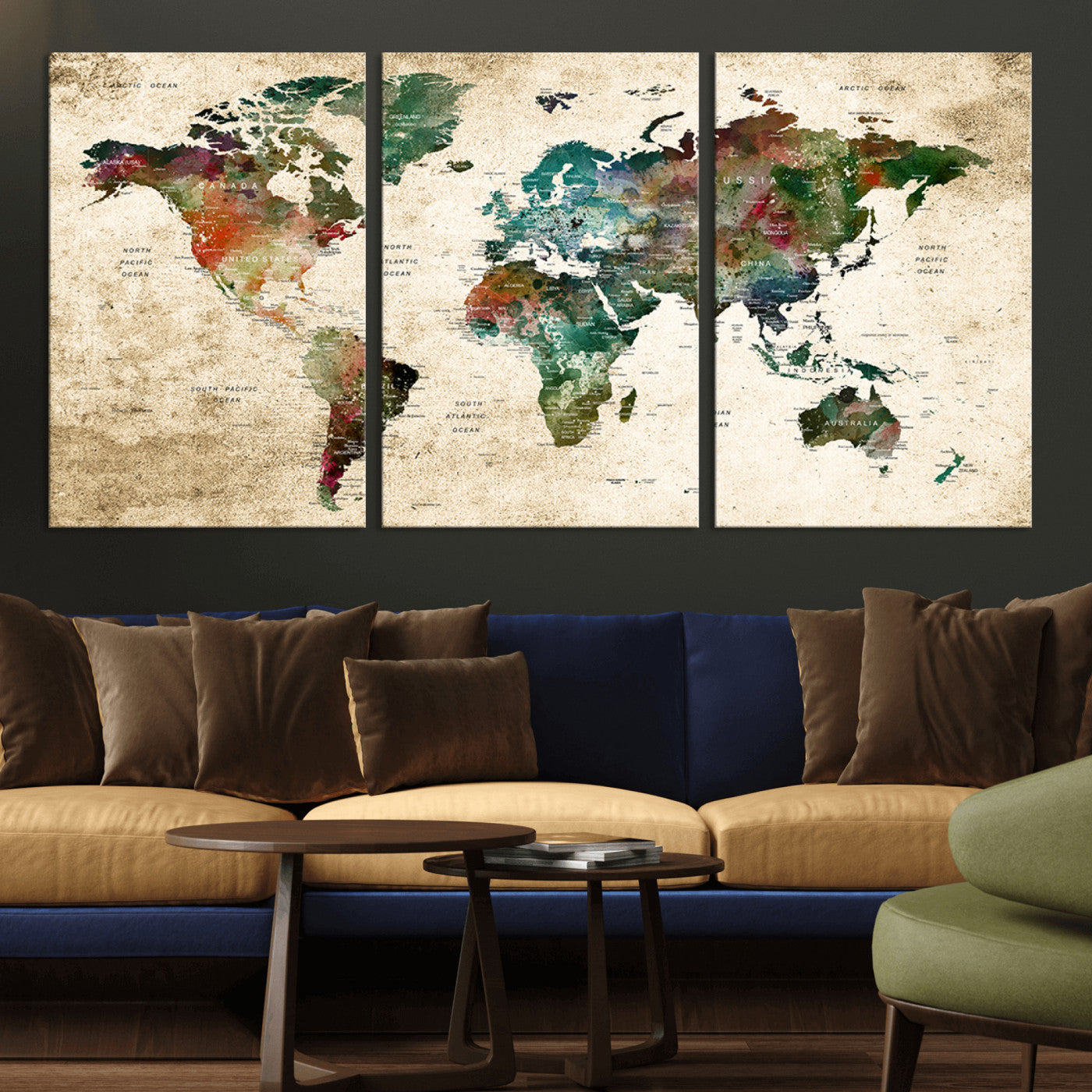 45128-MGV-CV-36X24-Push Pin World Map Canvas Print – Framed Wall Art for Couples to Track Their Travels – Anniversary Gift or Home Adventure Decor