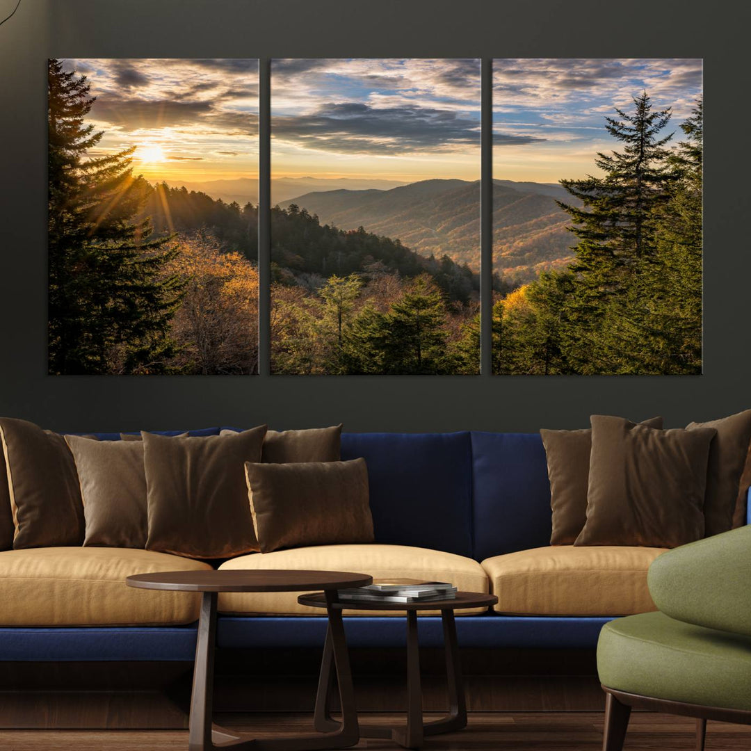 The dining area is beautifully decorated with the Sunrise Over the Smoky Mountains Canvas Wall Art – a breathtaking scenic landscape photography in a stunning triptych that's ready to hang.