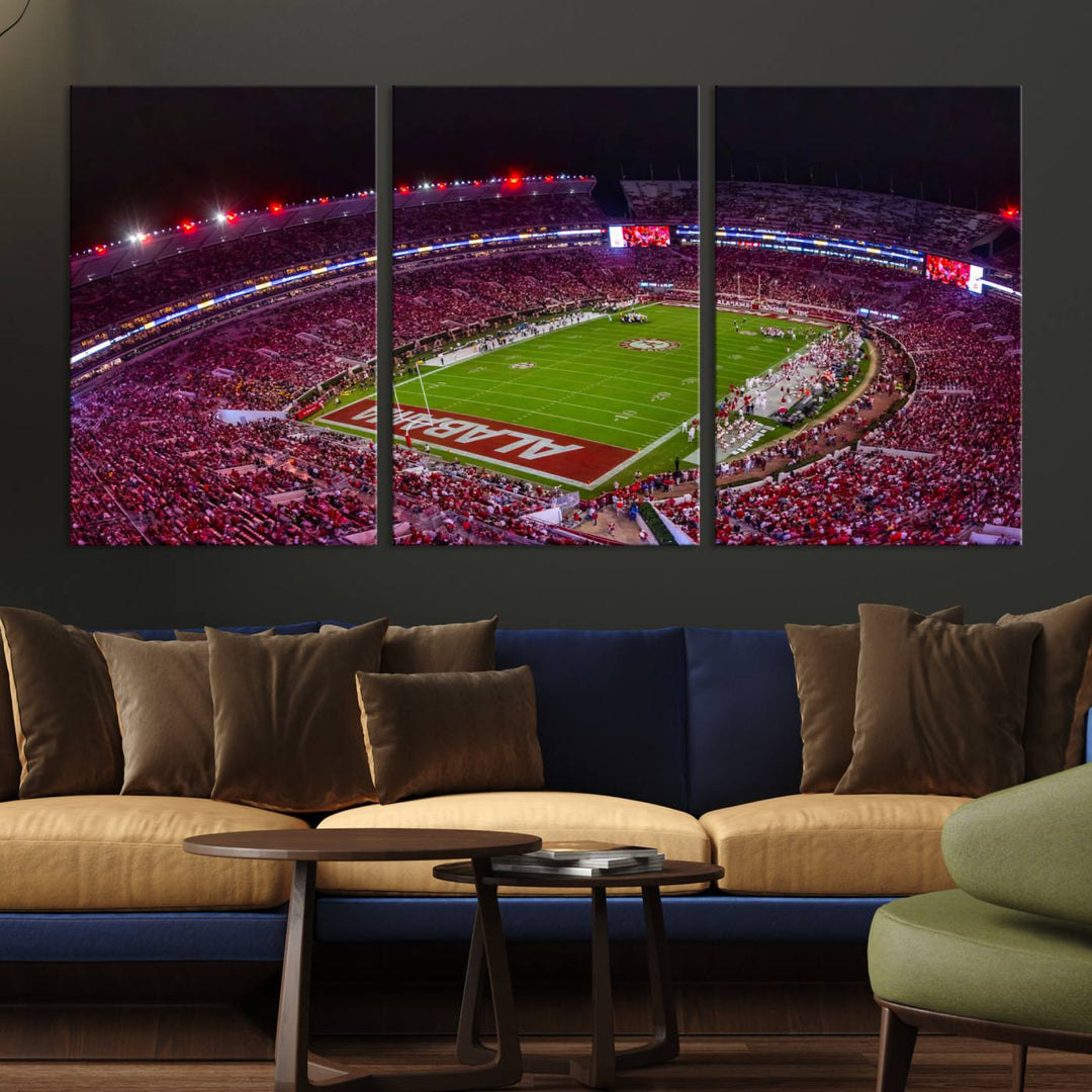 The living room features a Bryant-Denny Stadium Night Game Triple Canvas Wall Art.