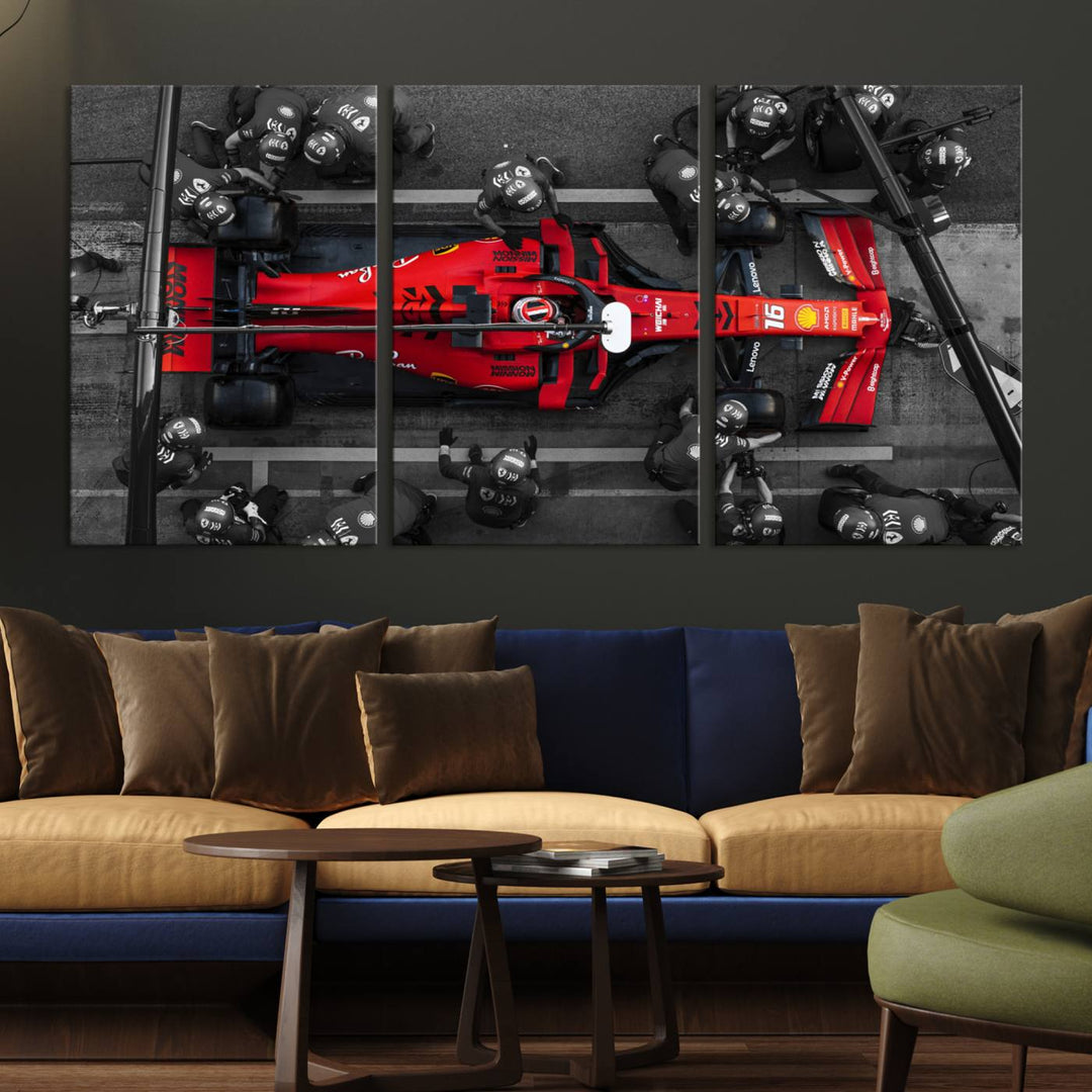 The Ferrari Pit Stop Canvas Wall Art features bold motorsport imagery that captures the precision and speed of Formula 1.