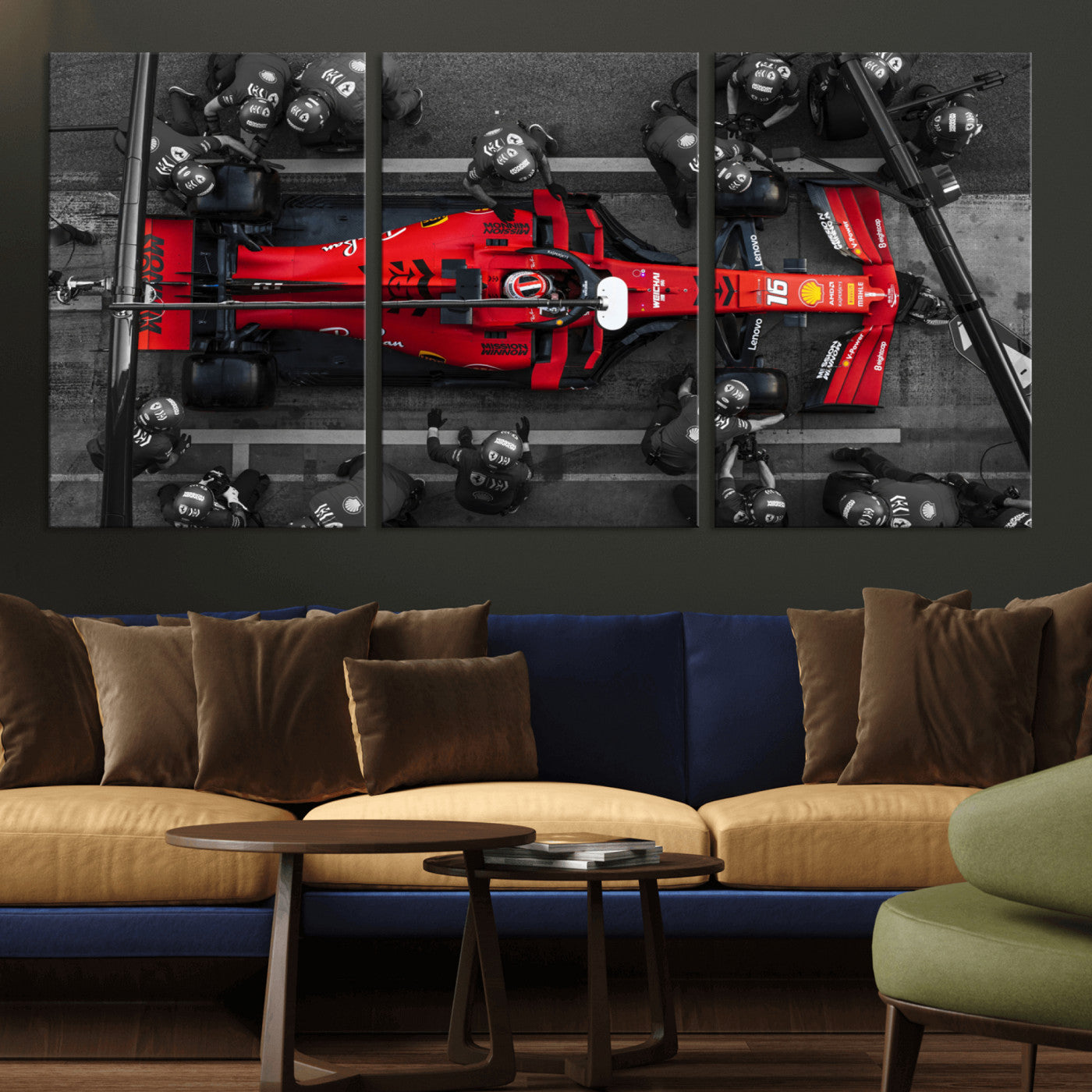 MGV-CV-60X30-3P - Ferrari Pit Stop Canvas Wall Art – Precision and Speed Captured in Bold Motorsport Imagery – Ready