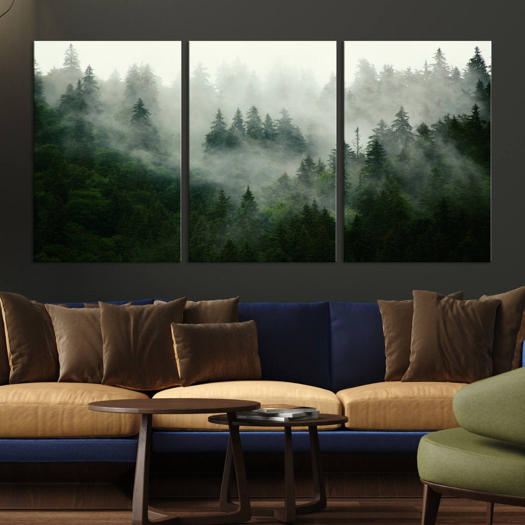 The Misty Forest Wall Art Canvas Print captures a serene, foggy evergreen landscape, evoking a mysterious woodland ambiance.