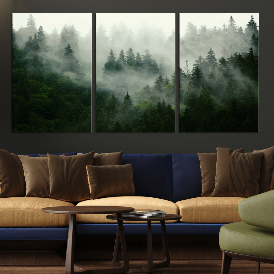 Misty Forest Wall Art Canvas Print - Foggy Forest Landscape Canvas Wall Art – Serene Triptych Nature Print – Woodland Landscape Decor