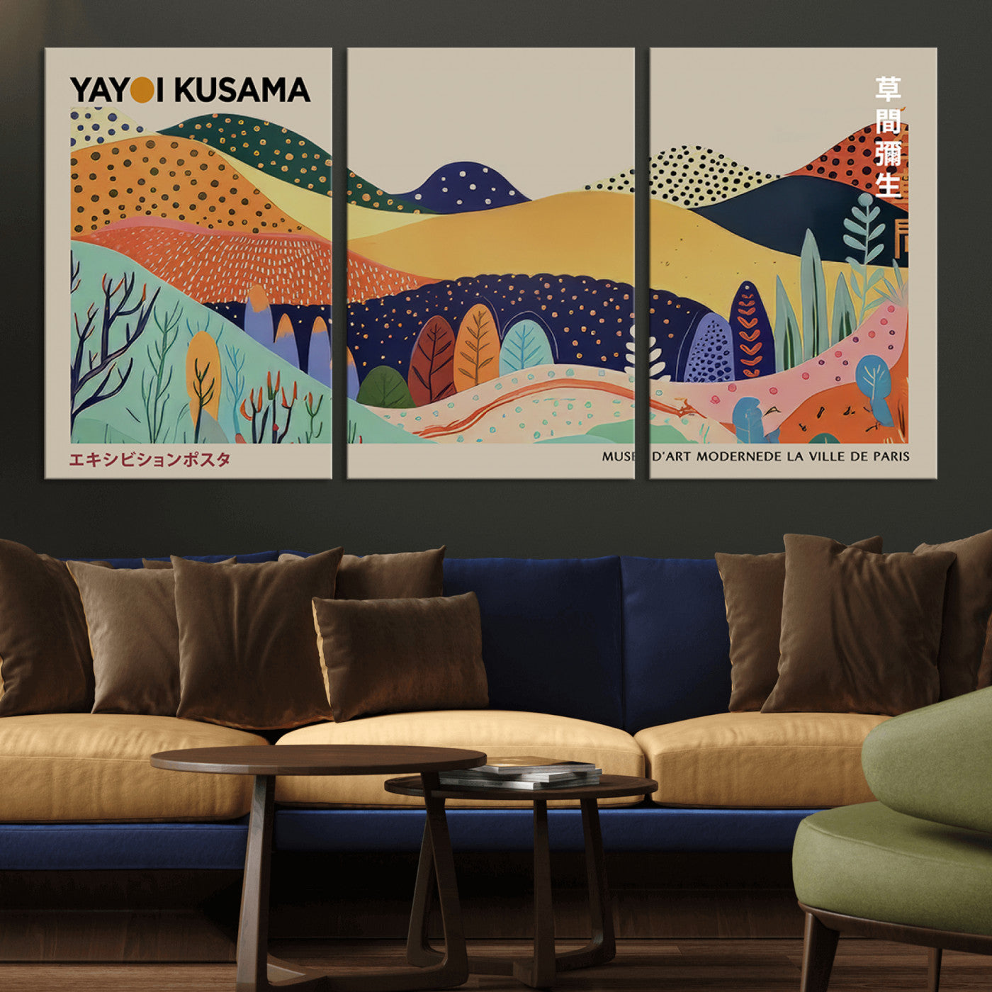 MGV-CV-60X30-3P - Framed Yayoi Kusama 1986 Wall Art Print – Japanese Wall Art Print, Wabi Sabi Yayoi Kusama Print -