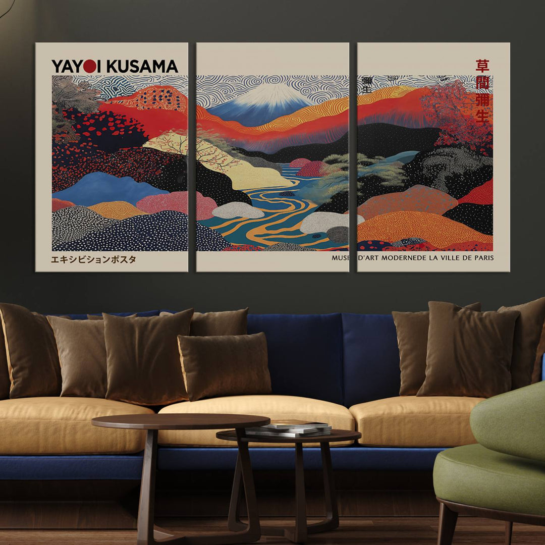 The room showcases Kusamas 1986 vibrant abstract landscape wall art print.