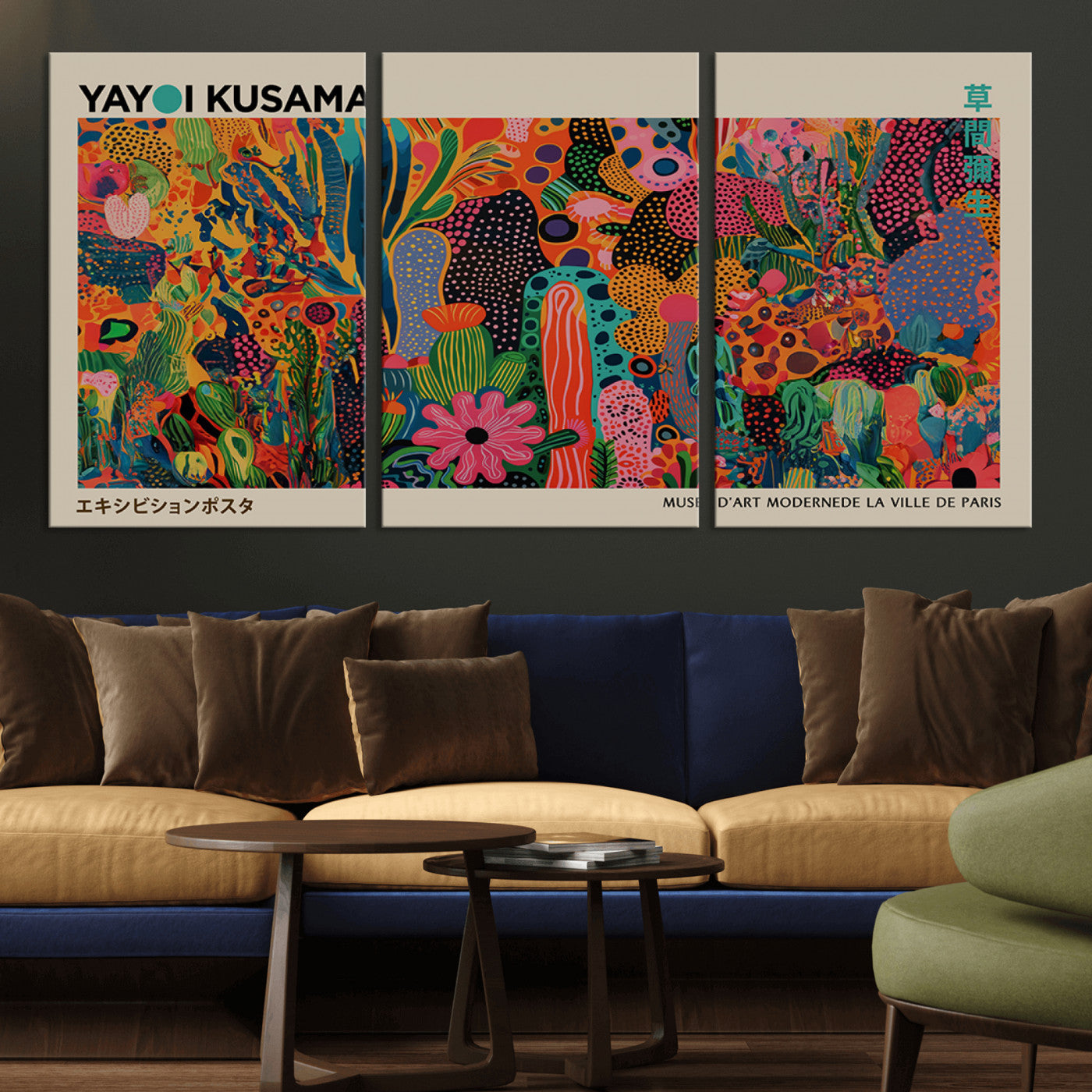 MGV-CV-60X30-3P - Framed Yayoi Kusama 1986 Wall Art Print – Japanese Wall Art Print, Wabi Sabi Yayoi Kusama Print -