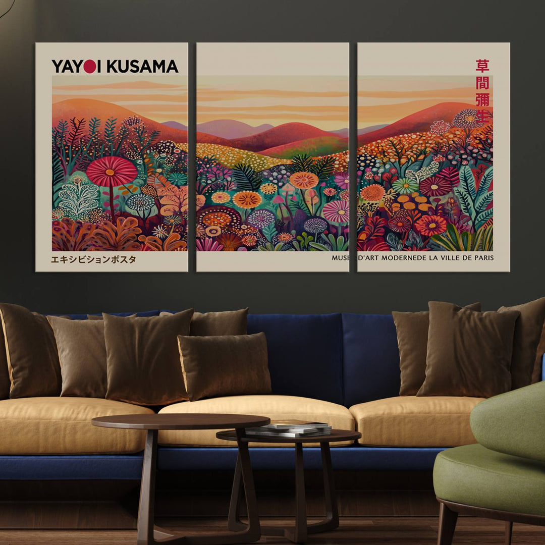 The room is adorned with a triptych artwork depicting colorful flowers and hills, incorporating the "Framed Yayoi Kusama 1986 Wall Art Print" – a vibrant abstract landscape canvas print that blends Japanese Wabi Sabi themes into contemporary nature-inspired décor.