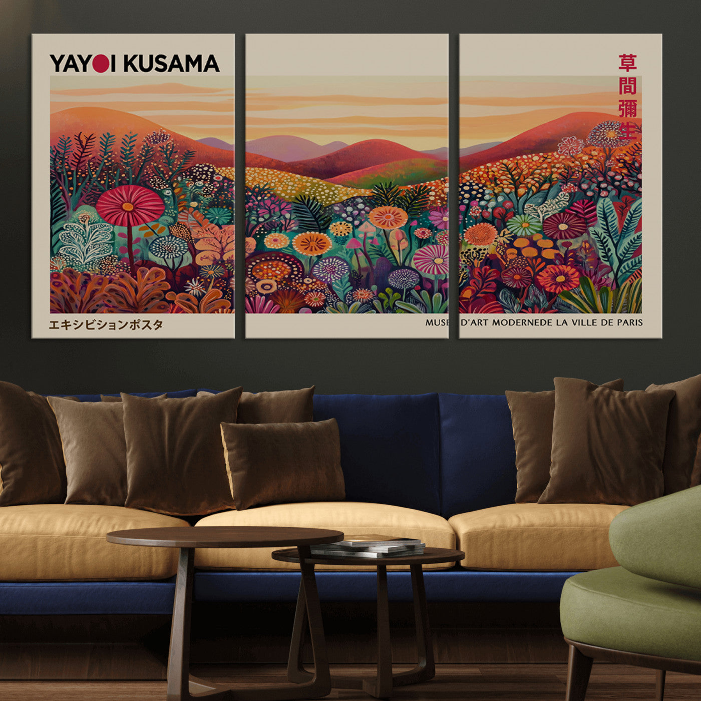 MGV-CV-60X30-3P - Framed Yayoi Kusama 1986 Wall Art Print – Japanese Wall Art Print, Wabi Sabi Yayoi Kusama Print -