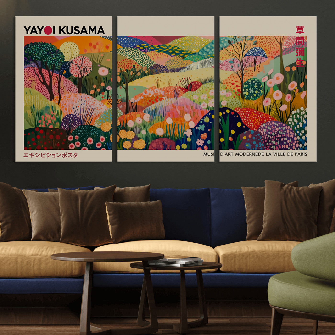 MGV-CV-60X30-3P - Framed Yayoi Kusama 1986 Wall Art Print – Japanese Wall Art Print, Wabi Sabi Yayoi Kusama Print -