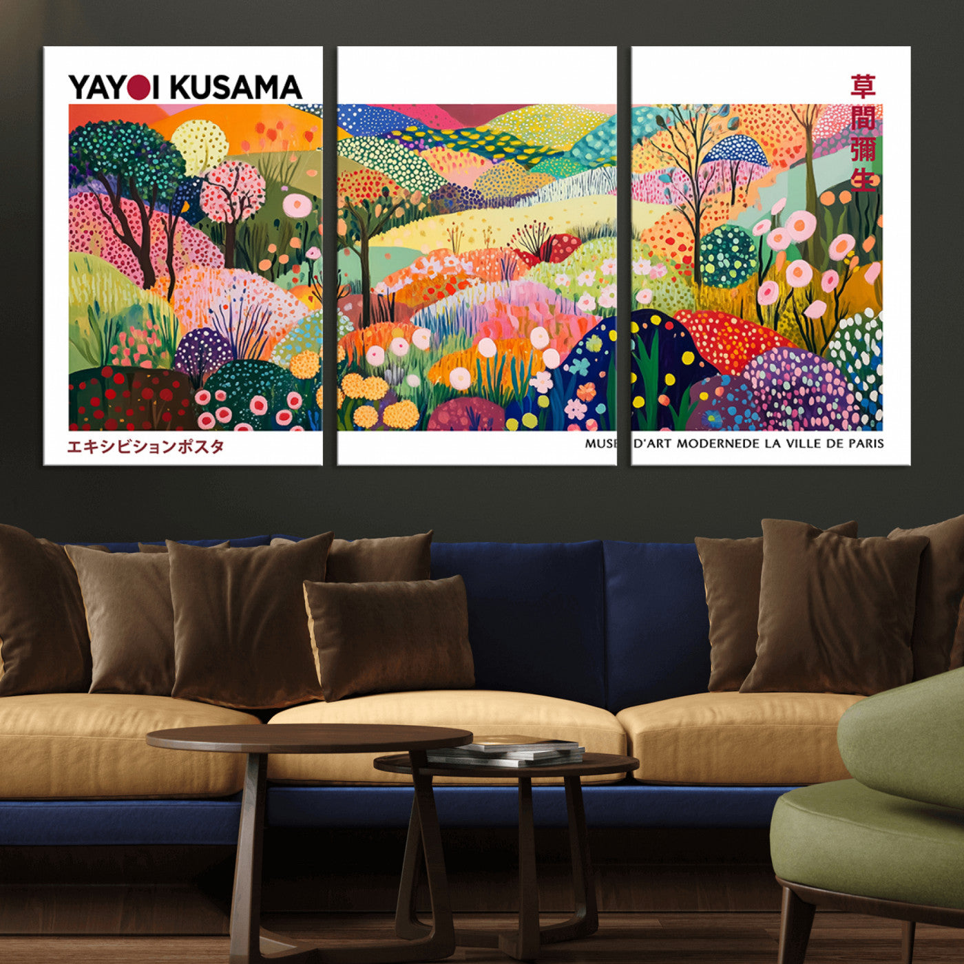 MGV-CV-60X30-3P - Framed Yayoi Kusama 1986 Wall Art Print – Japanese Wall Art Print, Wabi Sabi Yayoi Kusama Print -