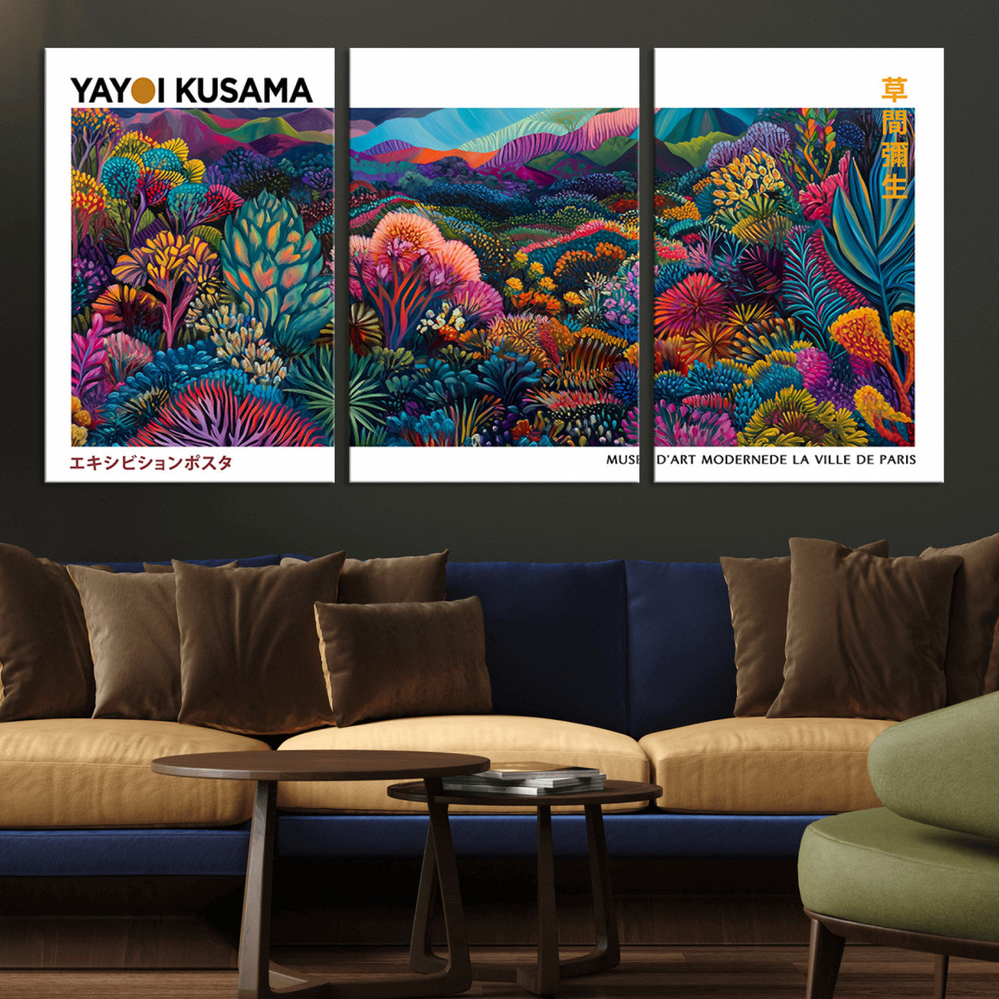 MGV-CV-60X30-3P - Framed Yayoi Kusama 1986 Wall Art Print – Japanese Wall Art Print, Wabi Sabi Yayoi Kusama Print -