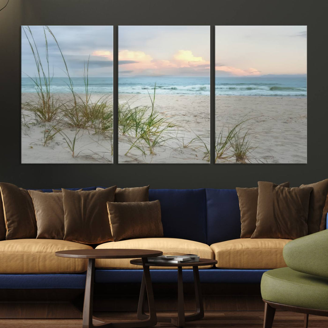 Flight Over Coastal Beach print on UV canvas displayed against white walls.