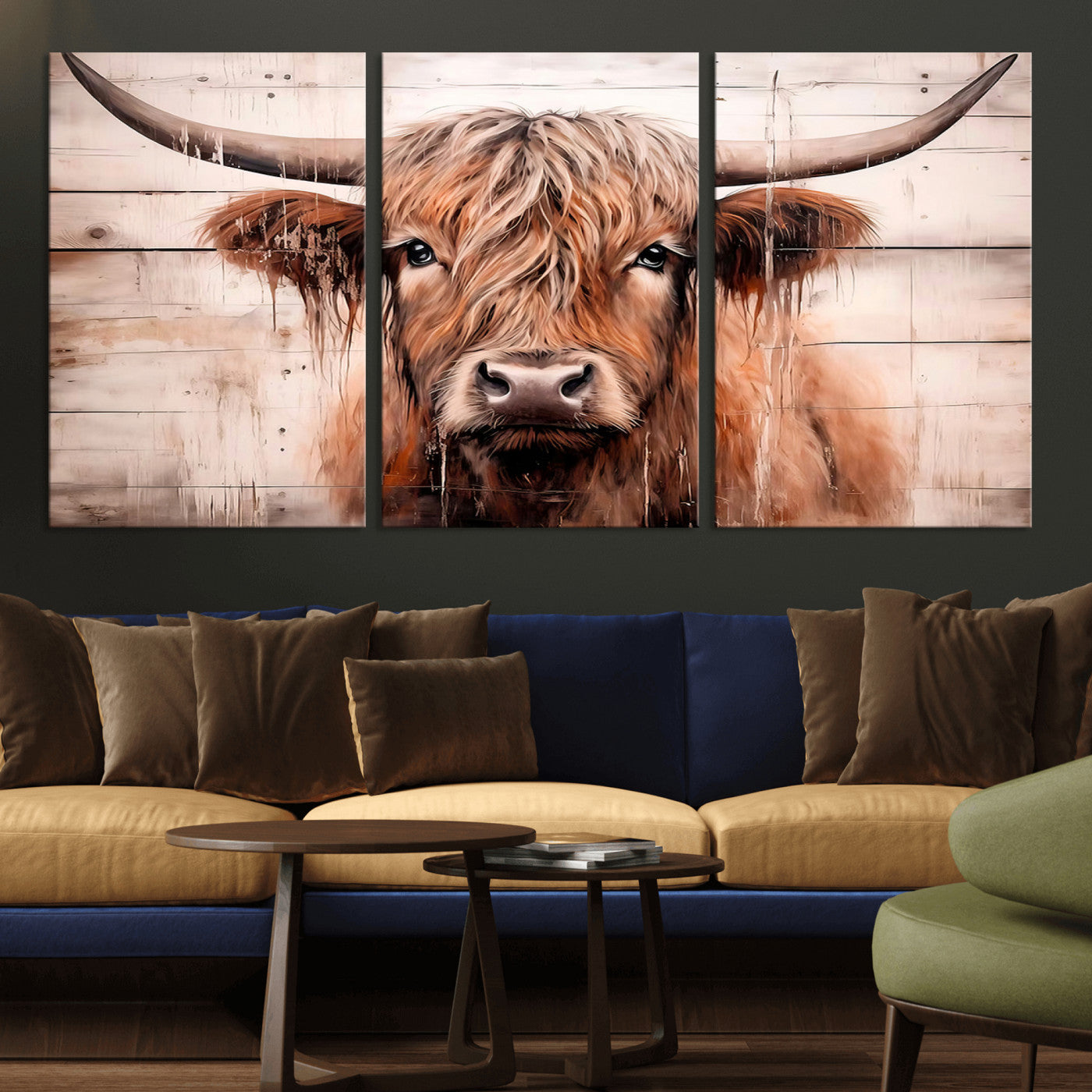 MGV-CV-60X30-3P - Vintage Scottish Highland Cow Cattle Art Print Farmhouse Wall Art Canvas Print