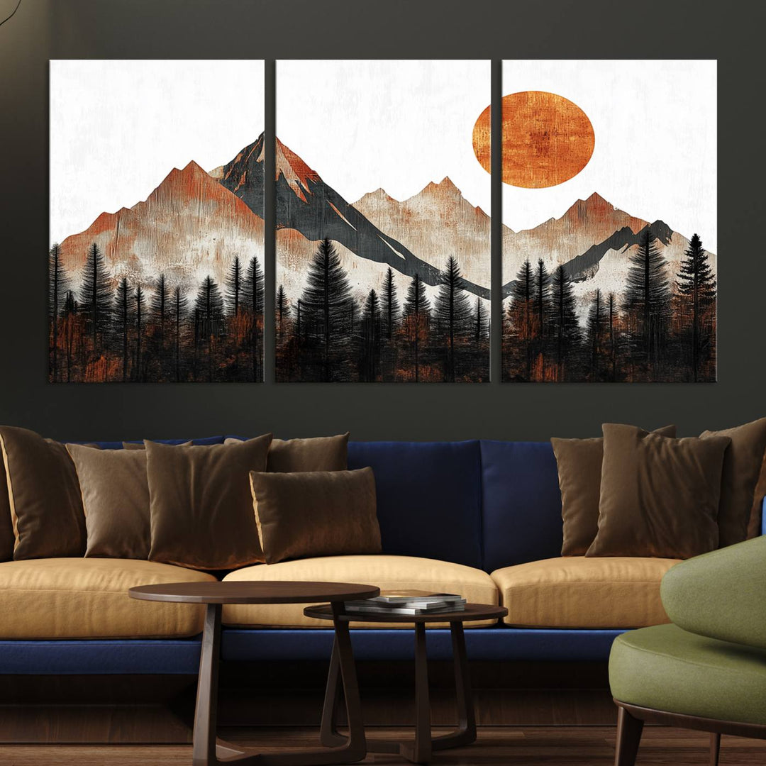 The "Modern Abstract Mountain Canvas Wall Art Print" in the living room features an abstract landscape of mountains, trees, and a warm-toned sun.