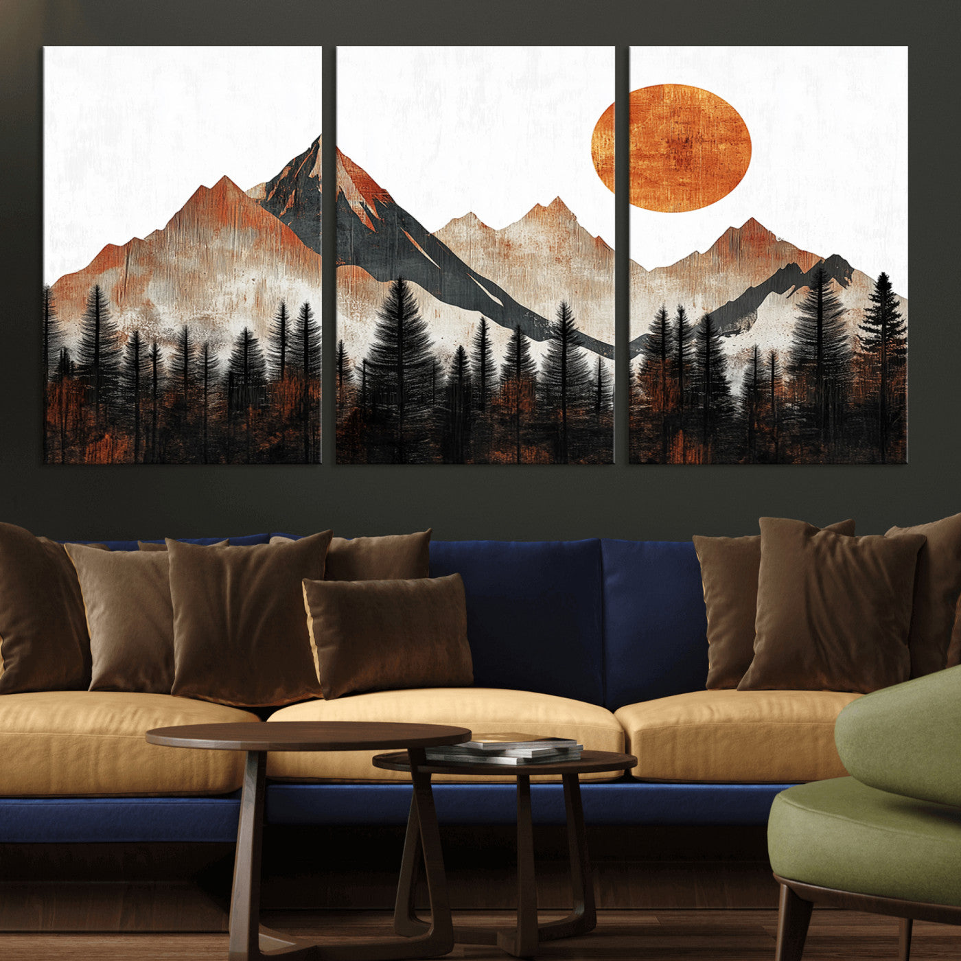 MGV-CV-60X30-3P - Modern Abstract Mountain Canvas Wall Art Print, Abstract Landscape Print, Rustic Sun and Mountains