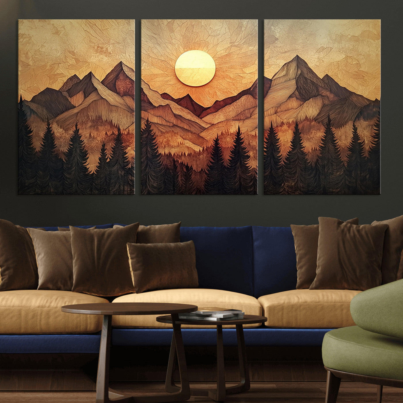MGV-CV-60X30-3P - Wood Style Abstract Mountain Sunset Canvas Wall Art Print - Warm Earth Nature-Inspired Decor for