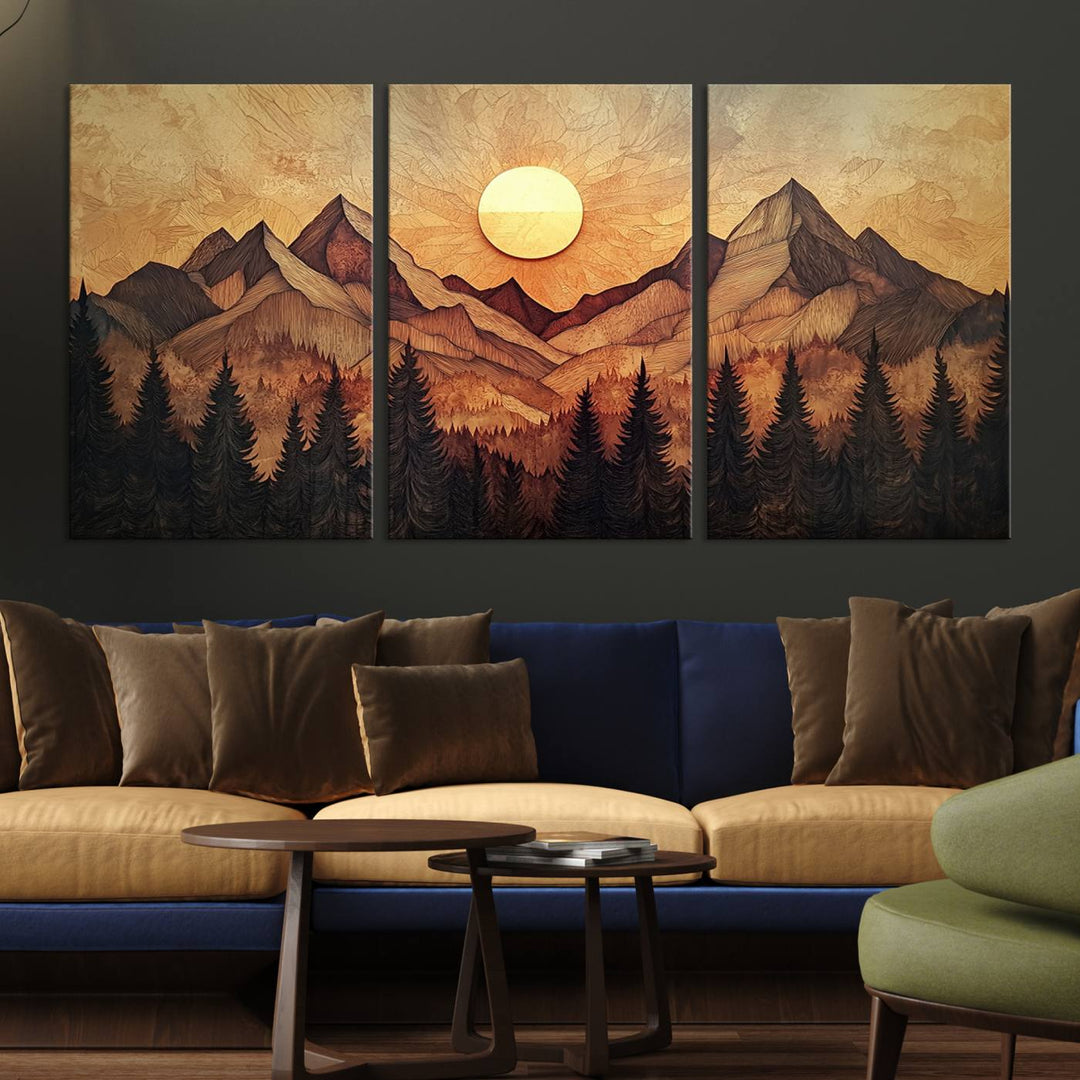 The dining area features a Wood Style Abstract Mountain Sunset canvas wall art print.