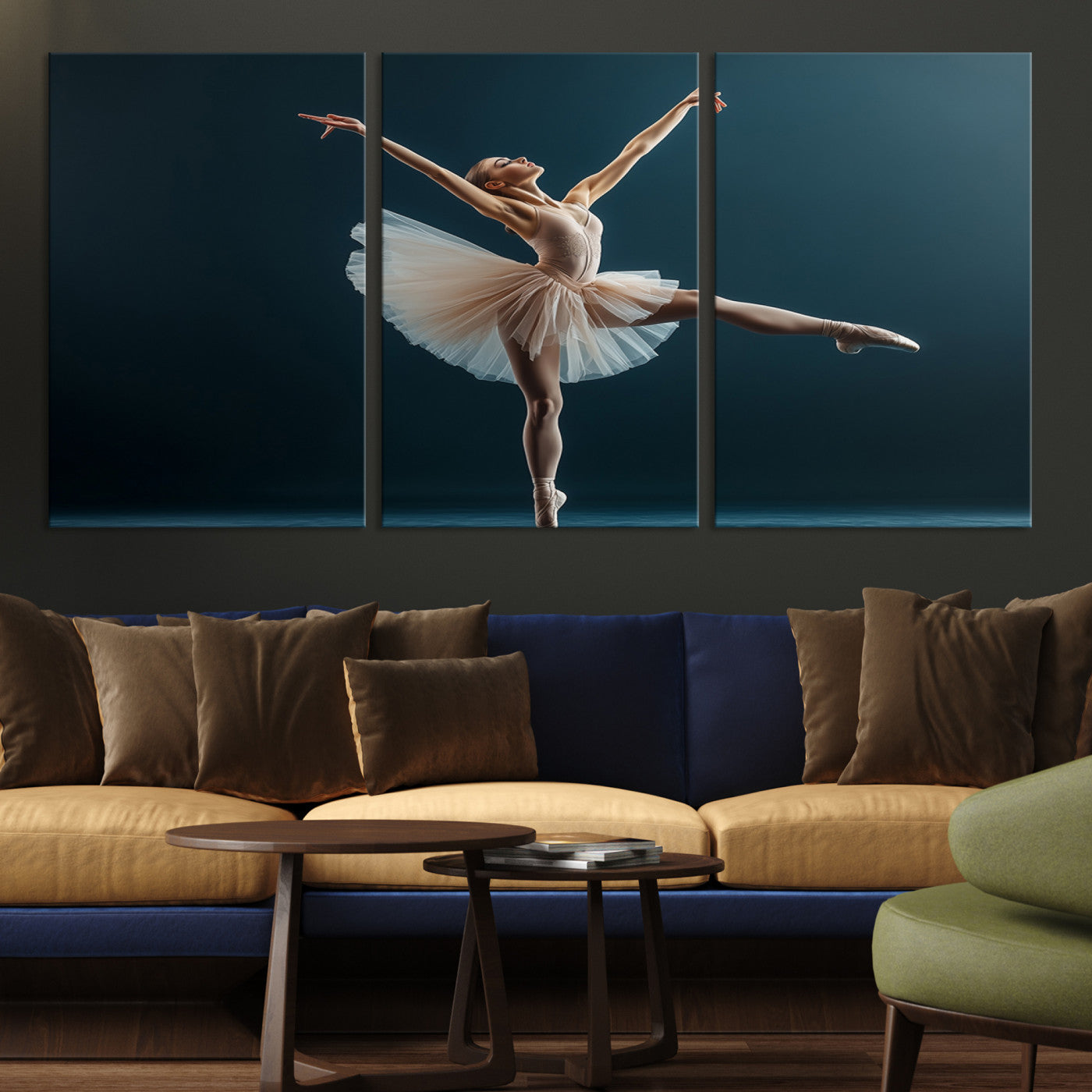 An elegant ballerina captured mid-pose on pointe, radiating grace and strength in a perfectly lit studio setting, her tutu fanned out in delicate symmetry.