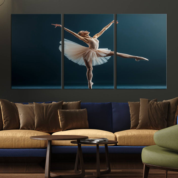 This stunning Ballerina Canvas Wall Art Print captures the elegance of a ballet dancer in motion, beautifully highlighted against a stage-like backdrop with delicate decor and natural elements. As graceful dance-inspired wall decor, it adds an element of grace and movement to any living room, office, or bedroom and is ready to hang.