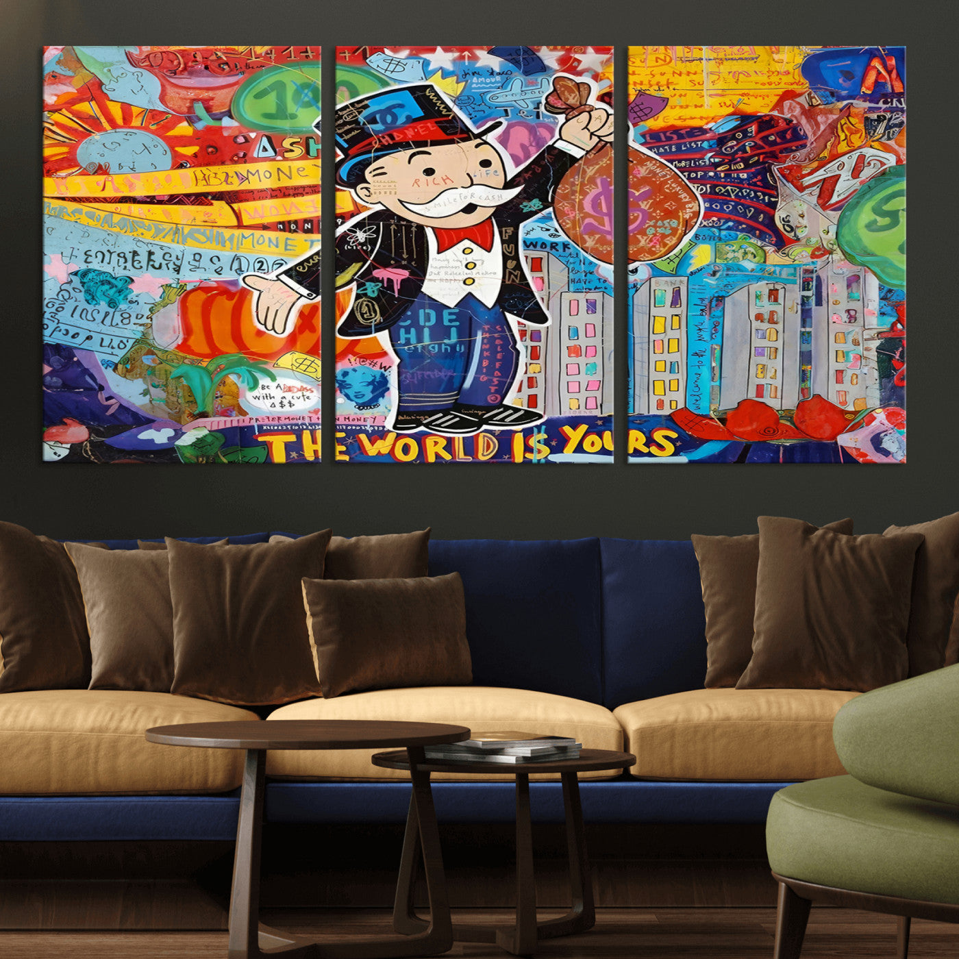 MGV-CV-60X30-3P - Pop Art Monopoly Man Canvas Wall Art Print - Bold and Colorful Street Art-Inspired Decor for Living