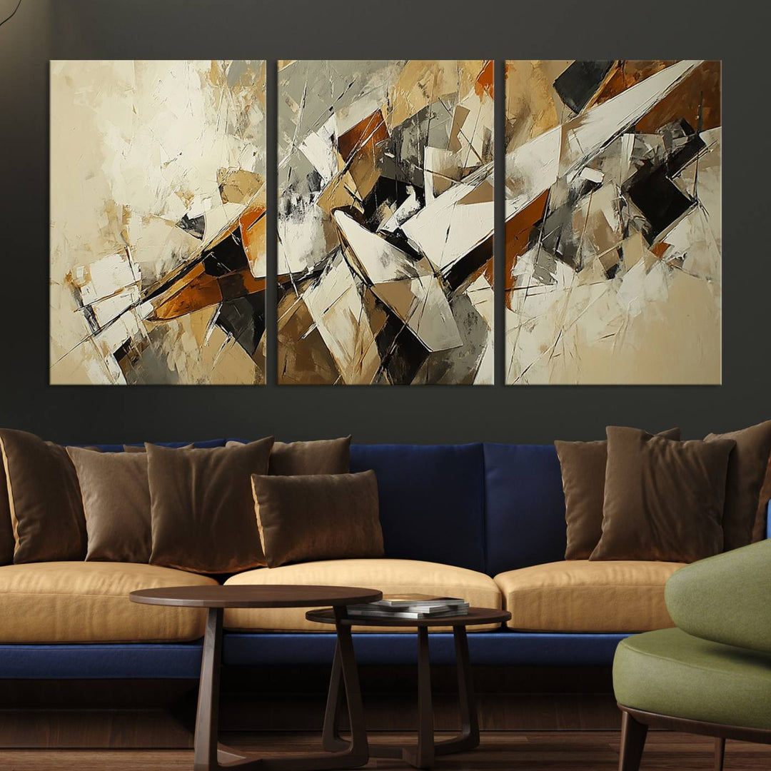 The dark wall is adorned with the Abstract Geometric Canvas Wall Art Print, a modern neutral-toned abstract design.