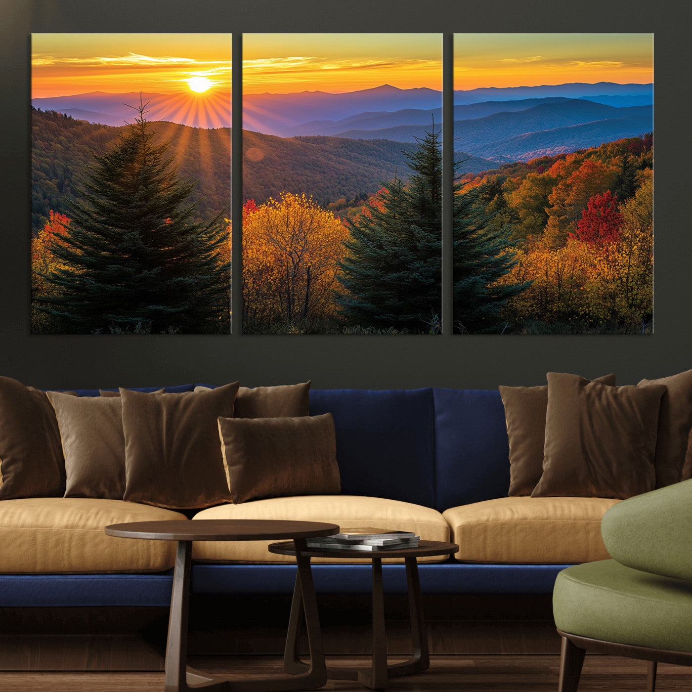 MGV-CV-60X30-3P - Golden Sunset Over Mountain Forest Canvas Wall Art Print - Warm Nature-Inspired Landscape for Living