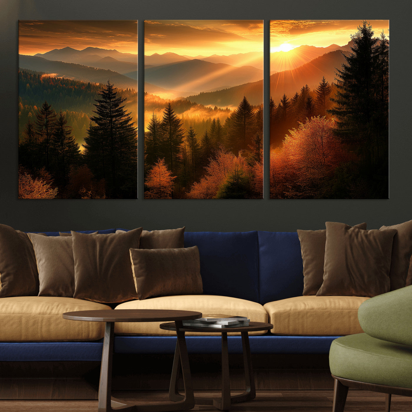 MGV-CV-60X30-3P - Golden Sunset Over Mountain Forest Canvas Wall Art Print - Warm Nature Landscape Print