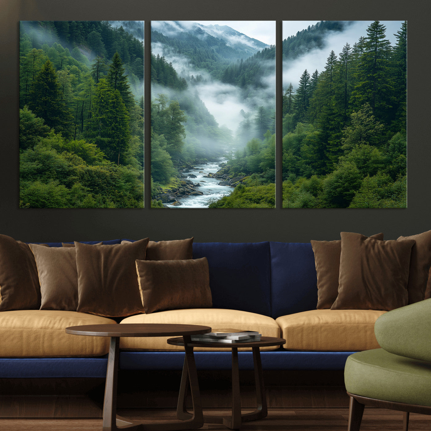 MGV-CV-60X30-3P - Mountain Forest River Canvas Wall Art Print - Serene Nature Landscape for Living Room, Office, or