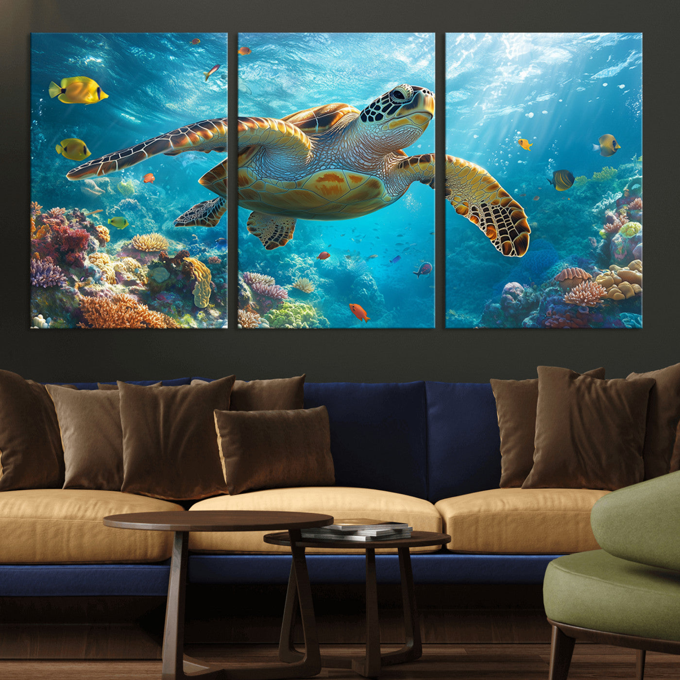 MGV-CV-60X30-3P - Sea Turtle Underwater Canvas Wall Art Print - Vibrant Ocean Wildlife Decor, Marine Wall Art