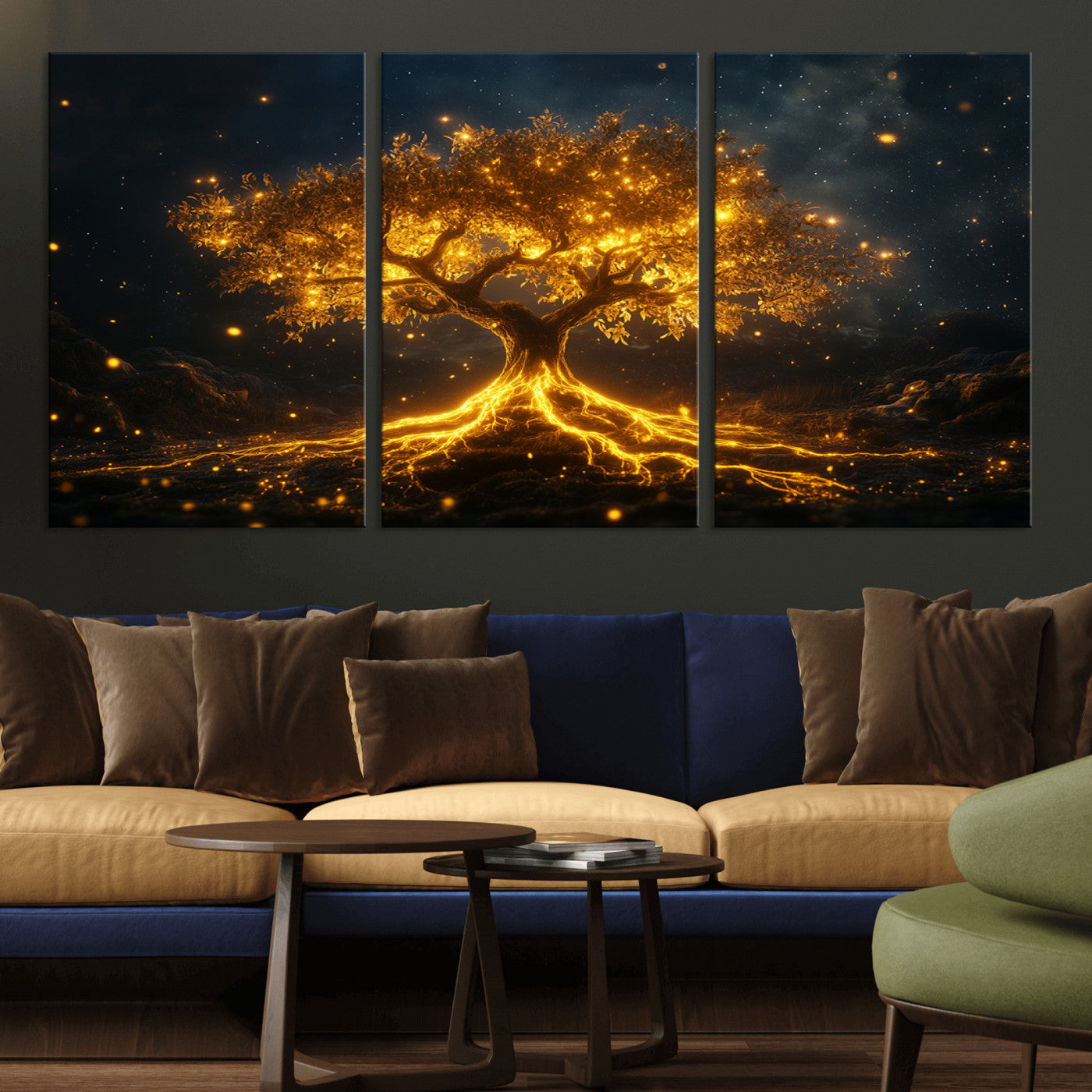 MGV-CV-60X30-3P - Golden Tree of Life Canvas Wall Art Print - Majestic Glowing Tree Design for Living Room, Office, or