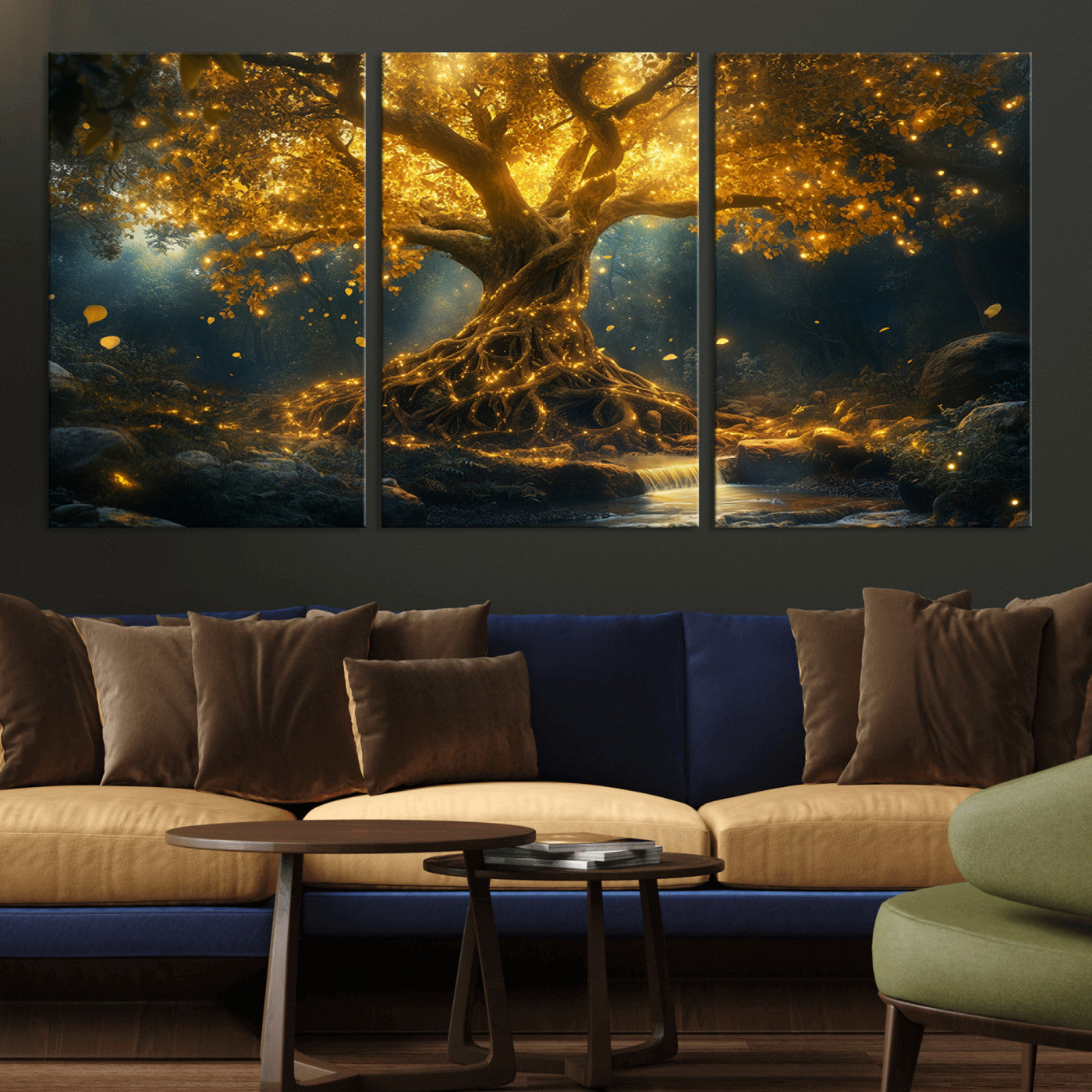 MGV-CV-60X30-3P - Golden Tree of Life Canvas Wall Art Print - Majestic Glowing Tree Wall Art Print