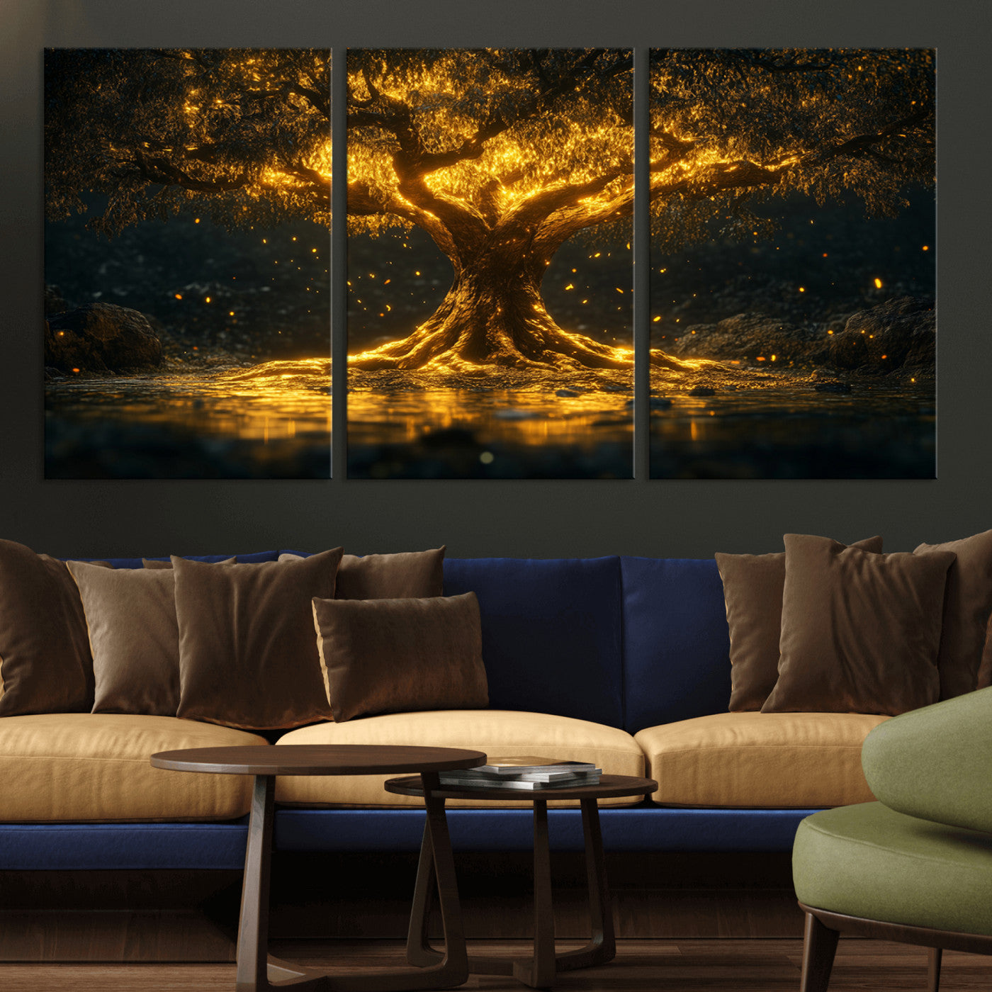 MGV-CV-60X30-3P - Golden Tree of Life Canvas Wall Art Print - Majestic Glowing Tree Wall Art Print