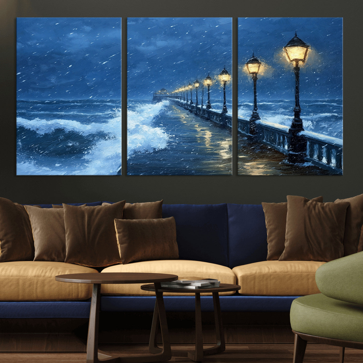 MGV-CV-60X30-3P - Stormy Ocean Pier Lights Canvas Wall Art Print - Large Moody Night Scene for Living Room, or Office,