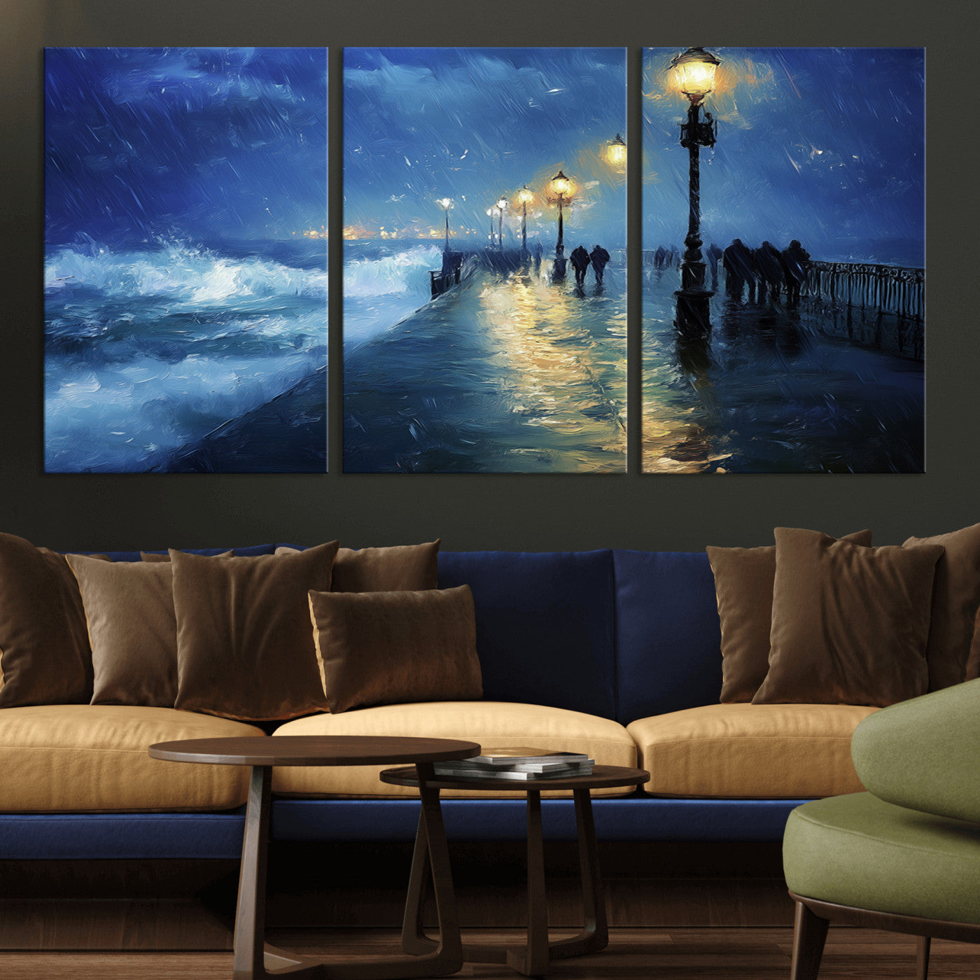 MGV-CV-60X30-3P - Abstract Stormy Ocean Pier Canvas Wall Art Print | Stormy Ocean Art | Large Moody Night Scene Print,