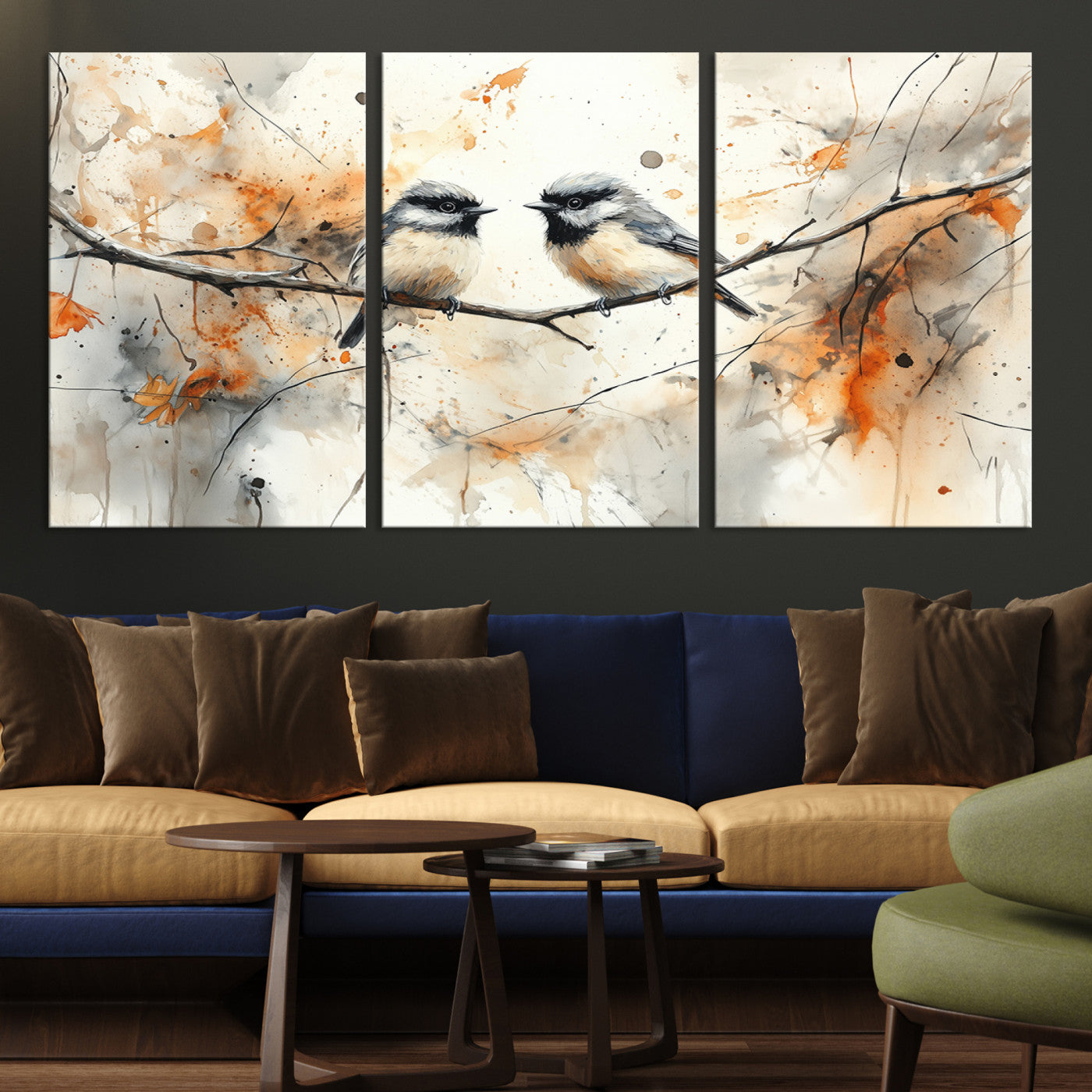 A soft and elegant watercolor painting of two chickadees perched on a delicate branch, surrounded by splashes of orange and neutral tones evoking a calm autumn day.