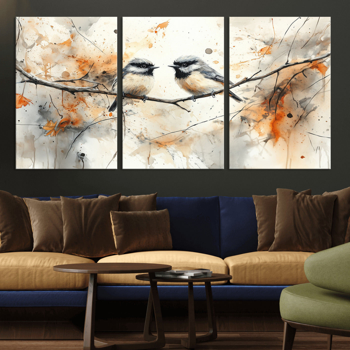 MGV-CV-60X30-3P - Abstract Watercolor Chickadee Bird Canvas Wall Art Print - Large Bird and Branch Wall Art, Modern