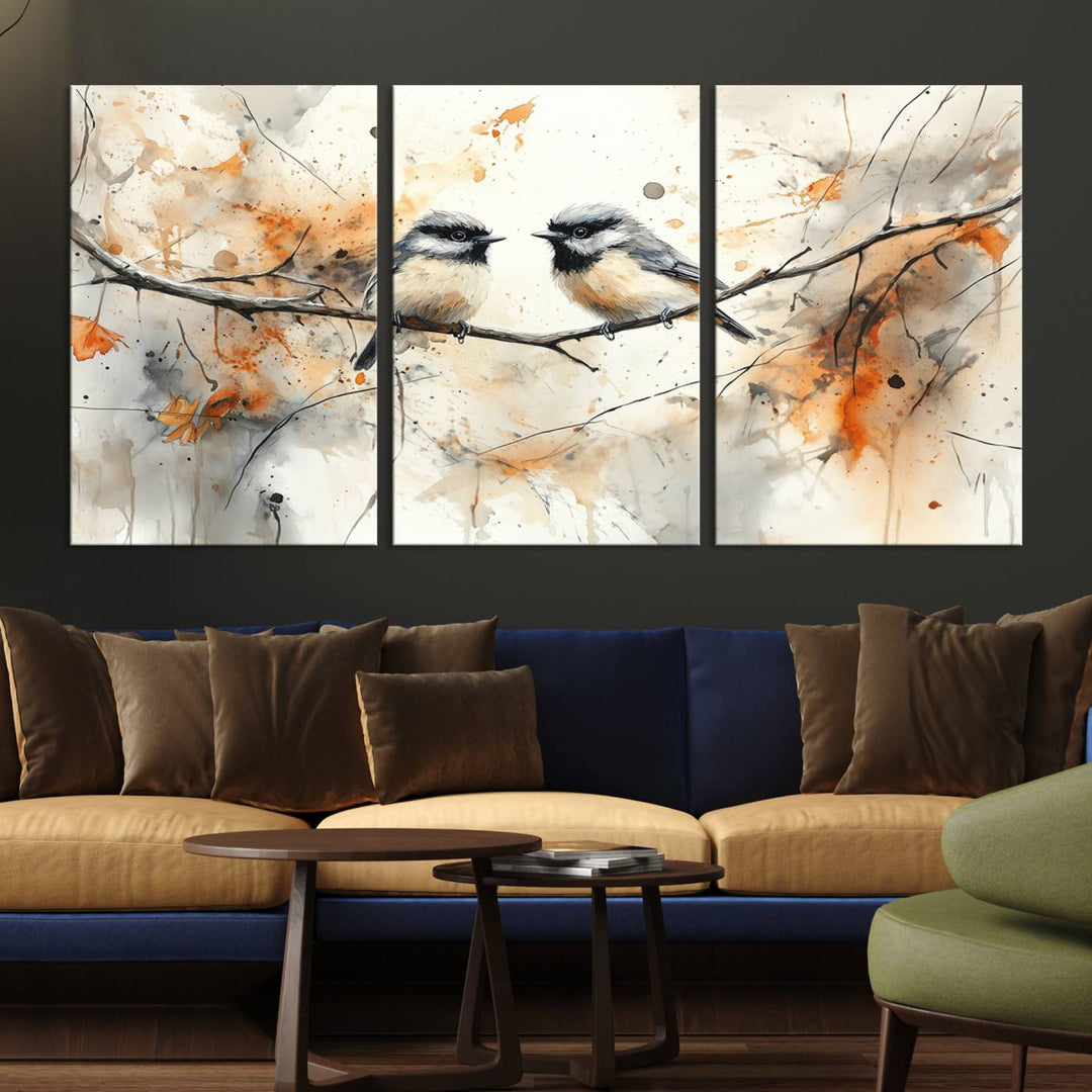 Abstract Watercolor Chickadee Bird Canvas Wall Art Print - Large Bird and Branch Wall Art, Modern Wildlife Wall Decor