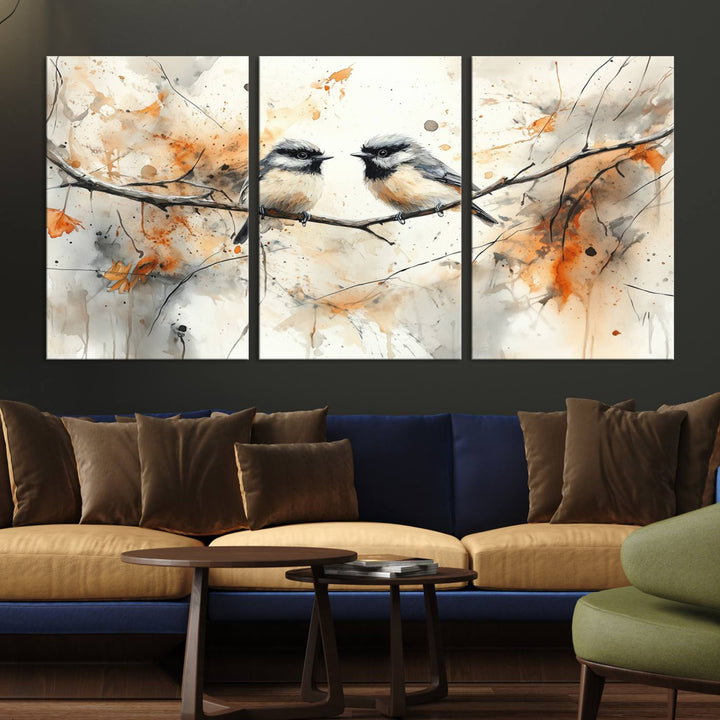 Abstract Watercolor Chickadee Bird Canvas Wall Art Print - Large Bird and Branch Wall Art, Modern Wildlife Wall Decor