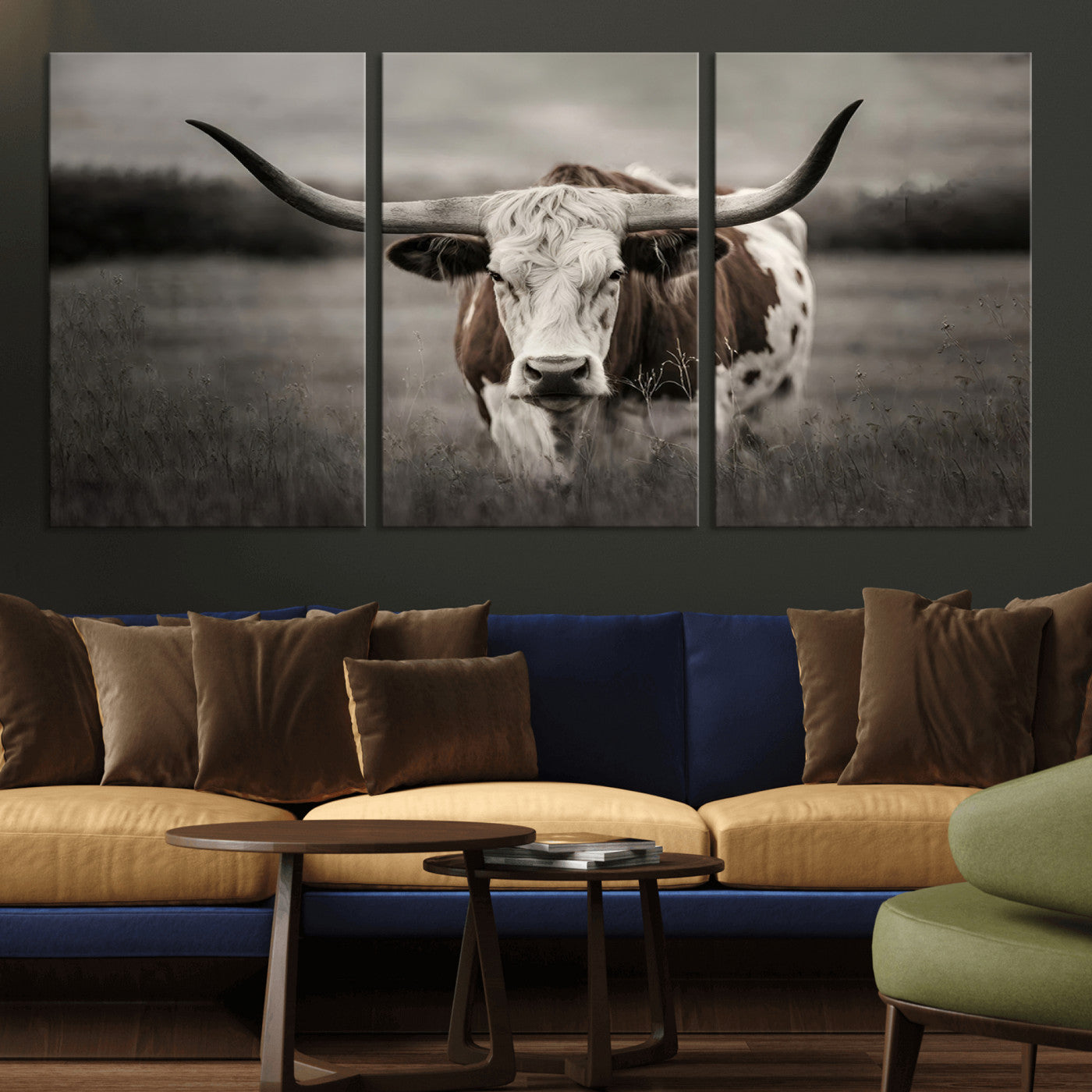 MGV-CV-60X30-3P - Texas Longhorn Cow Canvas Wall Art Print - Large Rustic Longhorn Art for Living Room, Western Wall