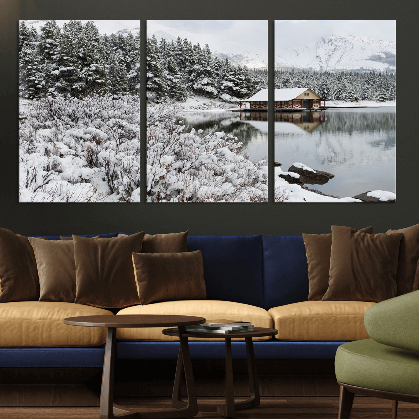 MGV-CV-60X30-3P - Winter Wall Art - Cabin by the Lake Canvas Wall Art - Serene Snowy Landscape with Mountain View,