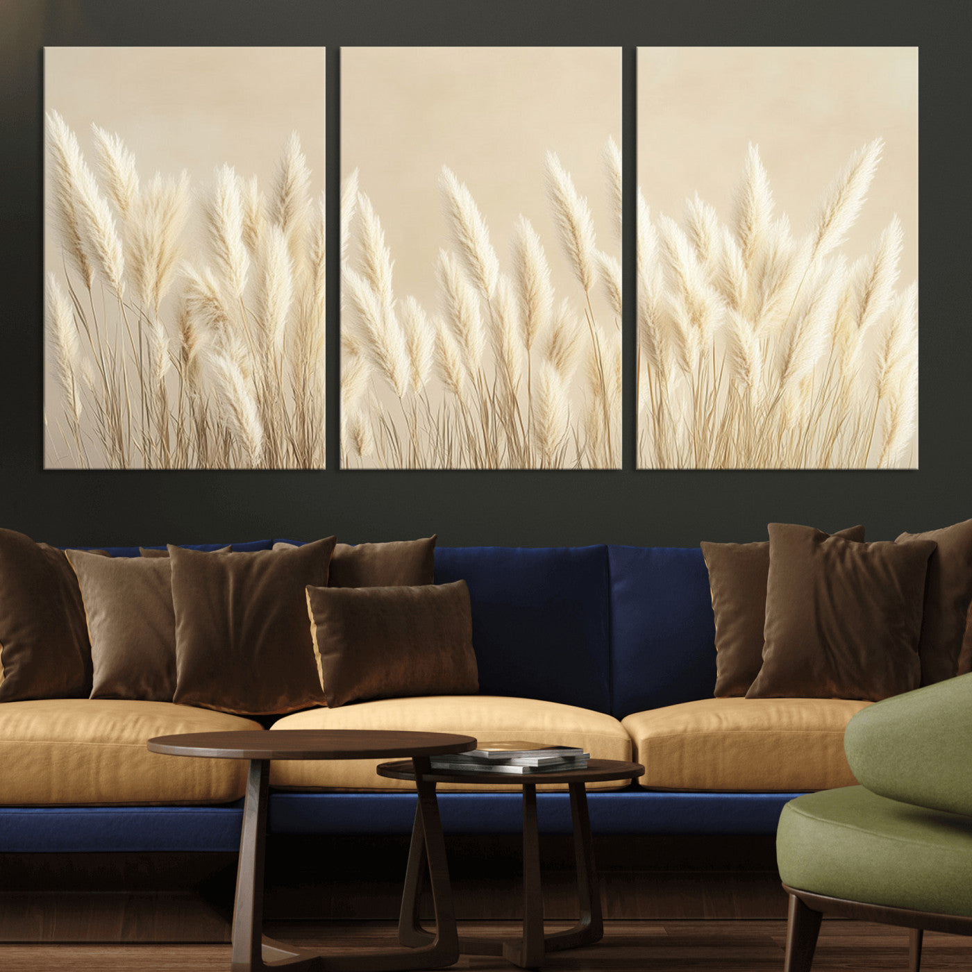 MGV-CV-60X30-3P - Grass Wall Art Print - Elegant Neutral Decor for Living Room, Boho Minimalist Artwork, Ready to Hang