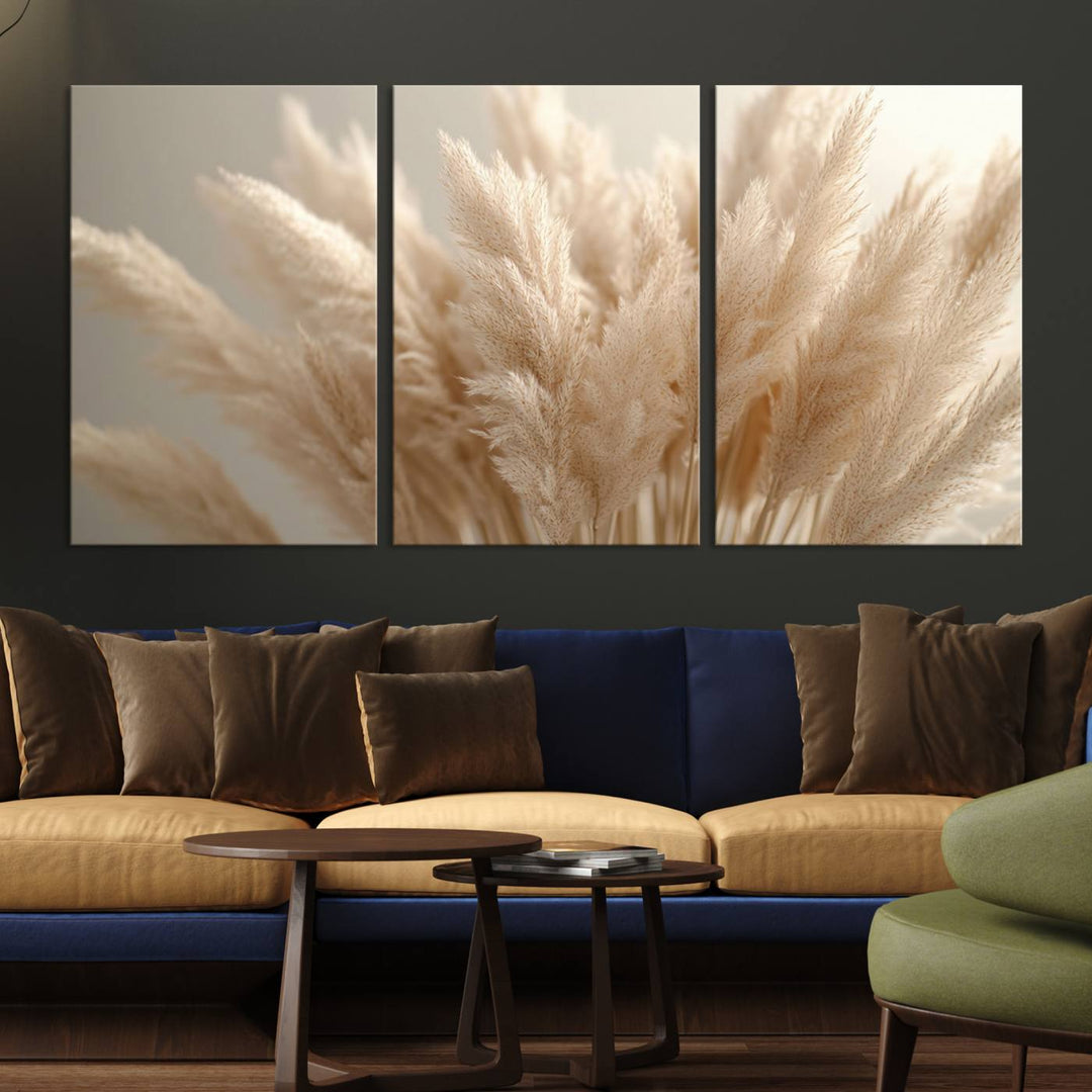 A set of elegant Pampas Grass Canvas Wall Art in soft, neutral tones enhances the dark wall, adding charm to the minimalist decor style.